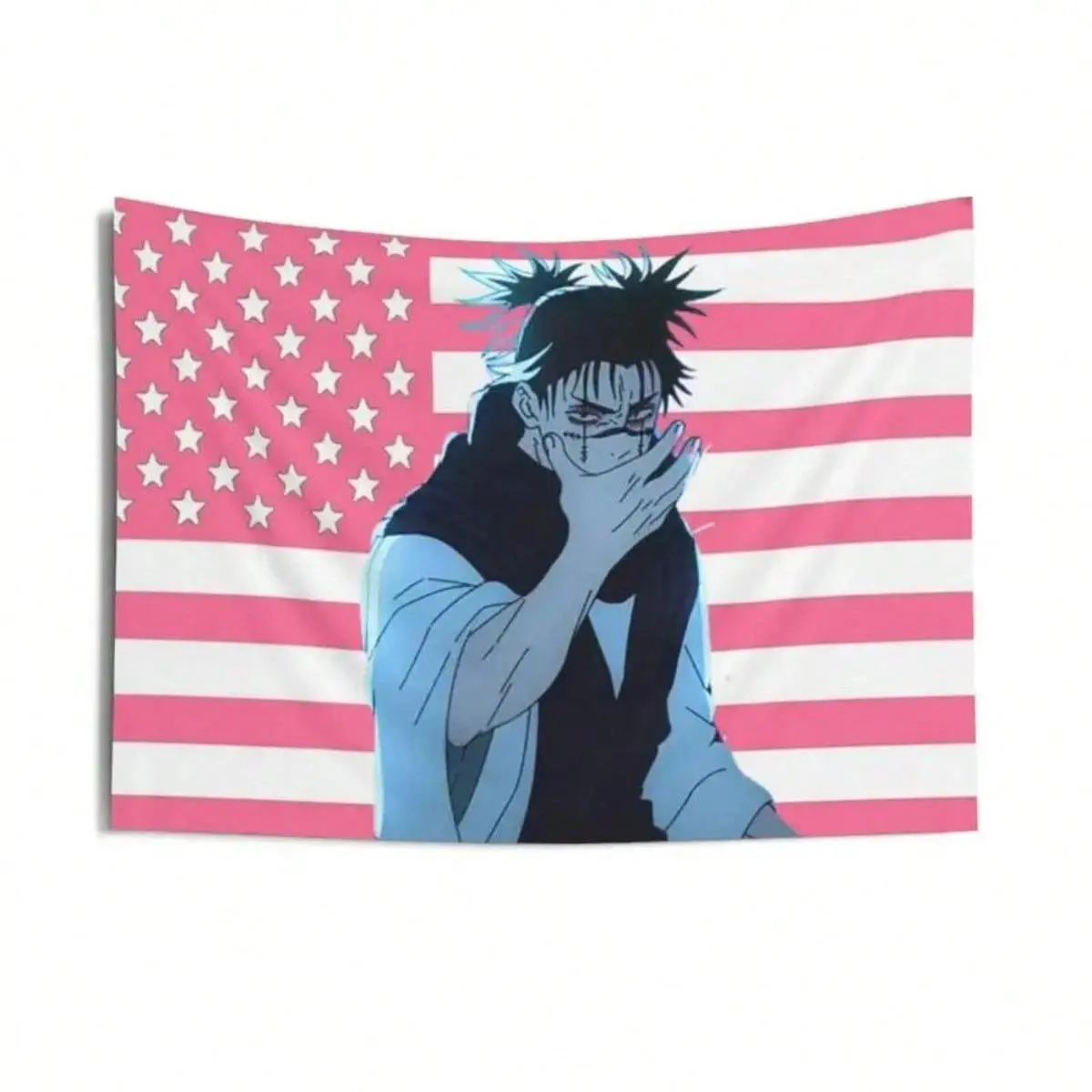Jujutsu Kaisen Choso 1-Piece Synthetic Tapestry - Wrinkle Resistant, Lightweight Anime Wall Hanging with Pink American Flag Background, Photo-Worthy Indoor Party Decor Backdrop for Manga Fans, Durable Home Supply