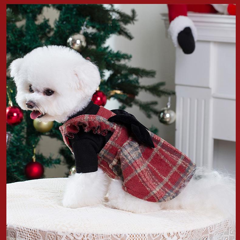 Christmas Red Plaid Dog Dress Winter Warm Puppy Clothes with Bow Cute Holiday Pet Apparel for Small Medium Dogs