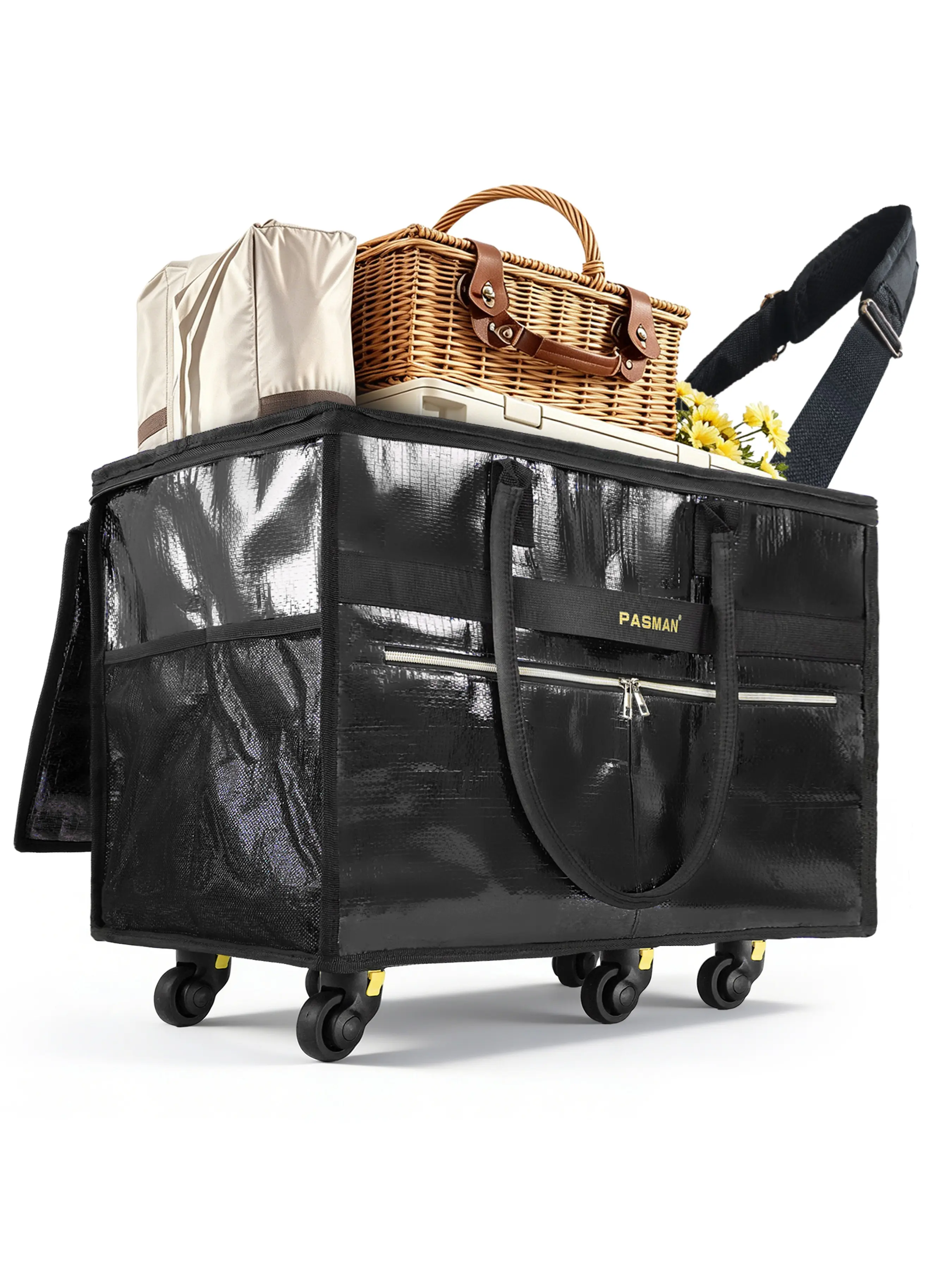 6-Wheel Reusable Shopping Bag, Foldable Rolling Handbag with Detachable Base, Heavy-Duty Cart for Laundry and Travel