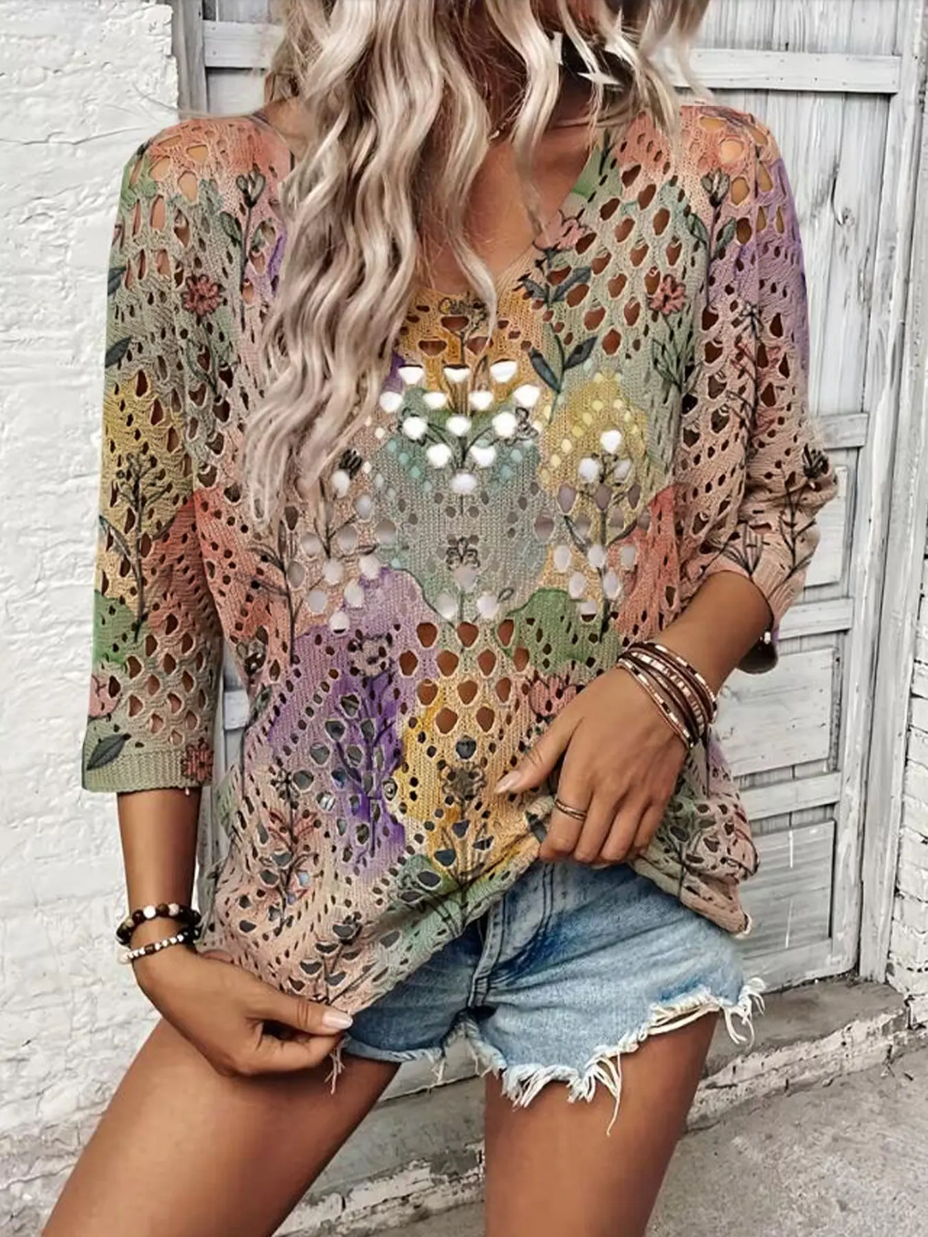 Women's Spring Summer Floral Print Knit Sweater, Boho Casual Jumper, Hollow Out V Neck Three-Quarter Sleeve, Casual Elegant Commute Top, Loose-Fitting Outer Vest, Knitwear