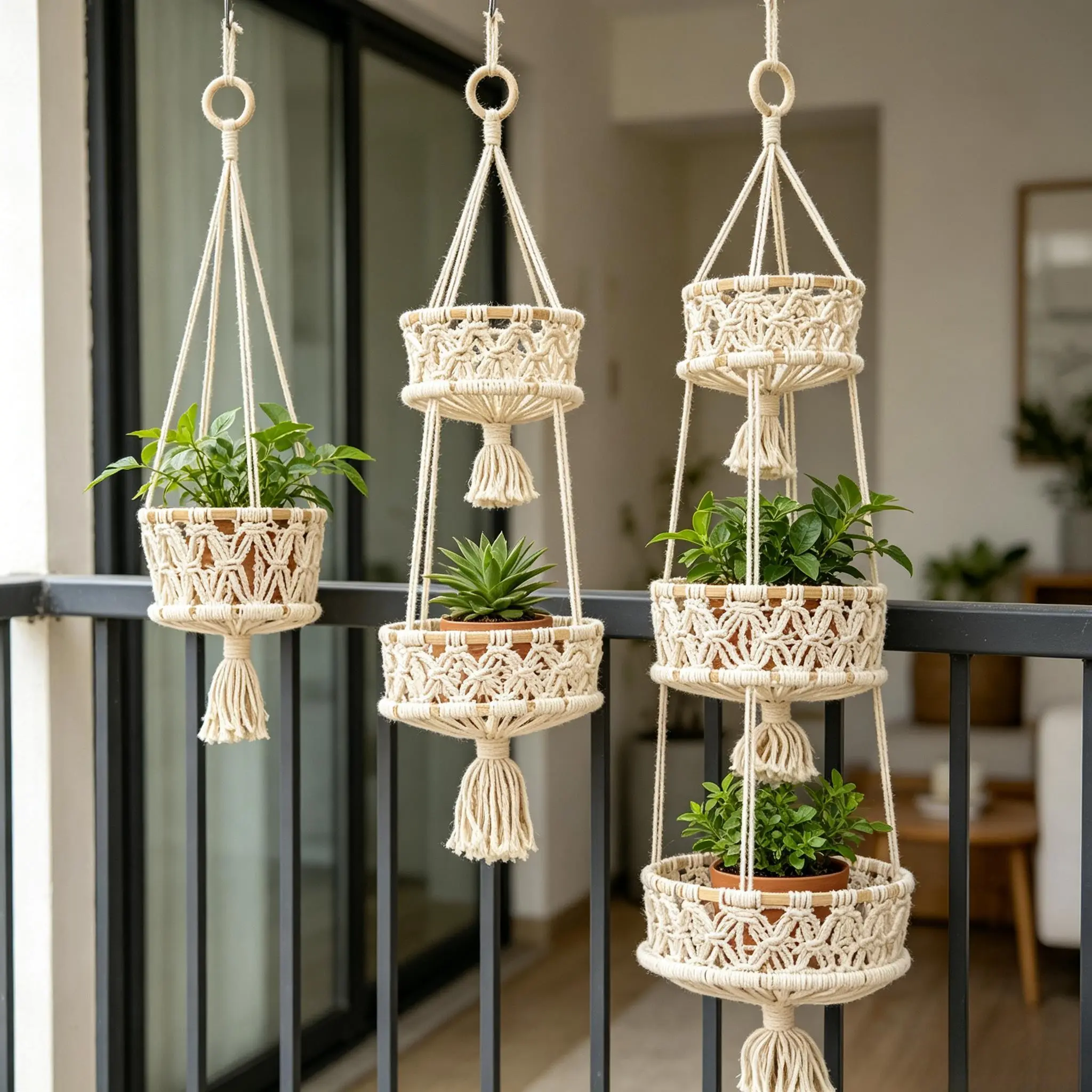Macrame Bohemian Style Decorative Storage Net Bag, Three Layers Kitchen Hanging Organizer, Garden Plant Hanger, Home Decoration