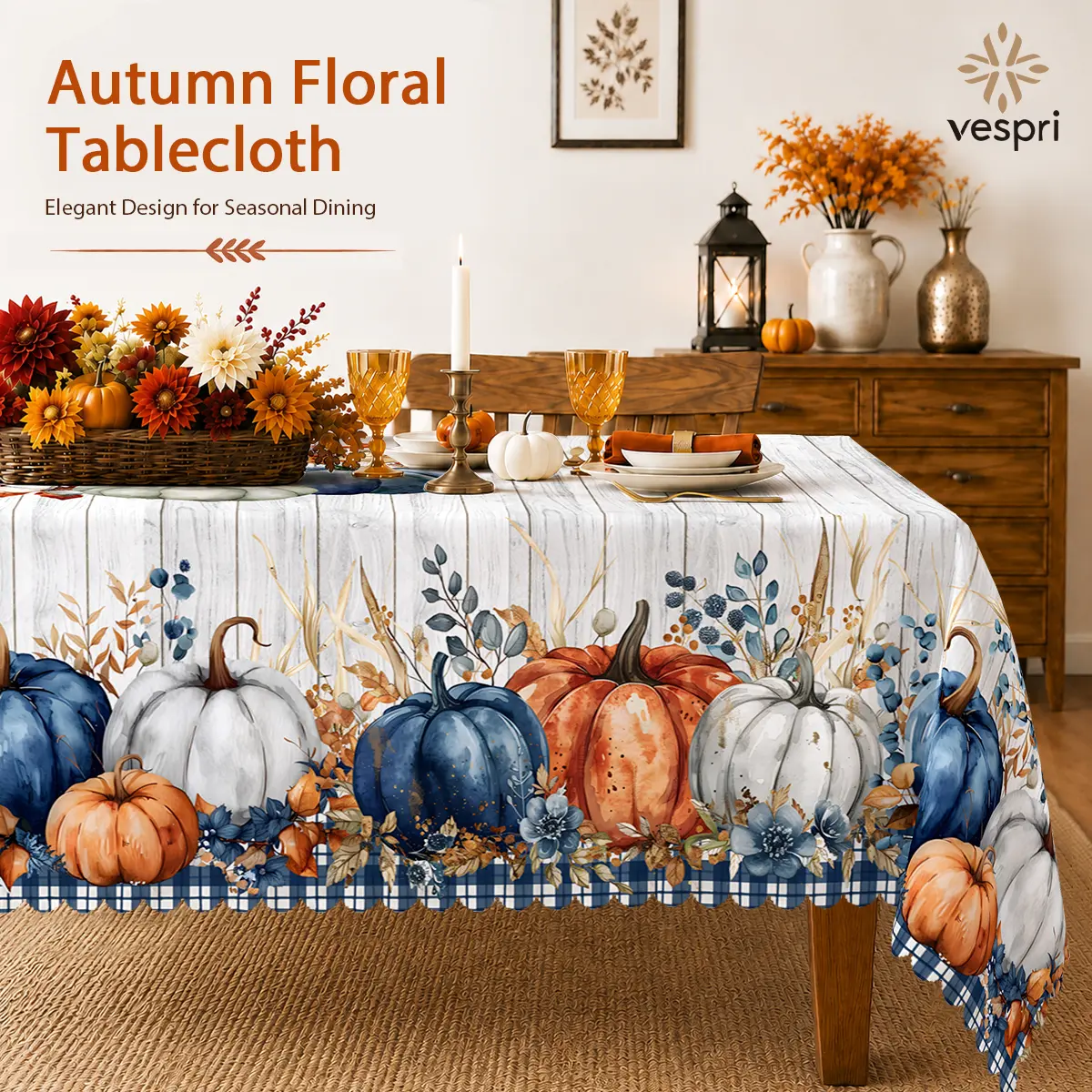Autumn Harvest Tablecloth with Blue Pumpkins, Sunflowers, Fall Leaves and Cornucopia, polyester for Fall Decor and Thanksgiving Decor, Machine Washable, Multi-Size, Table Protection, Clearance Sale