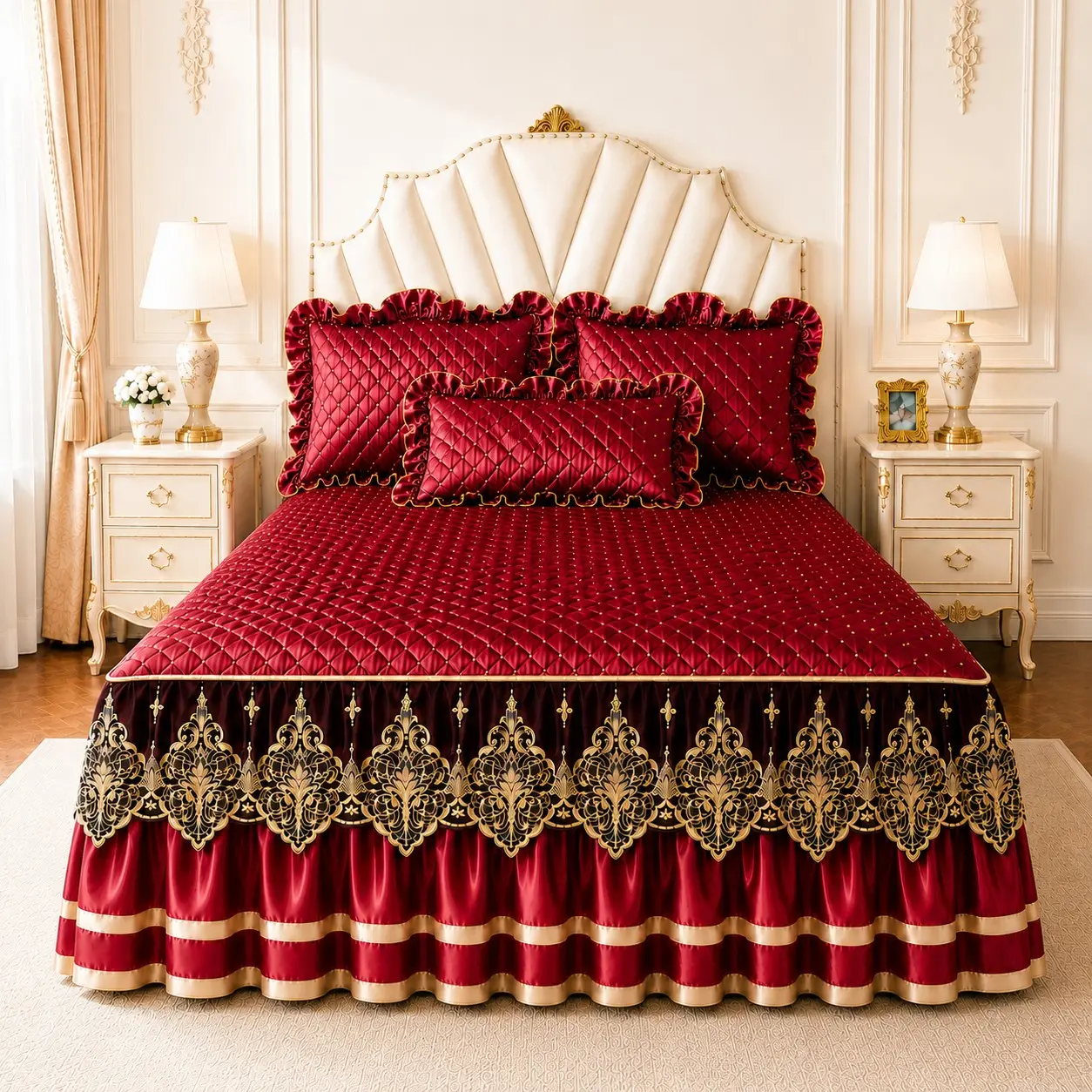 3pcs Quilted Lace Bedskirt Set, Includes 1 Bedskirt and 2 Pillowcases, Thick Stitched Mattress Protector, Theme Bedding Set, Bed Sets
