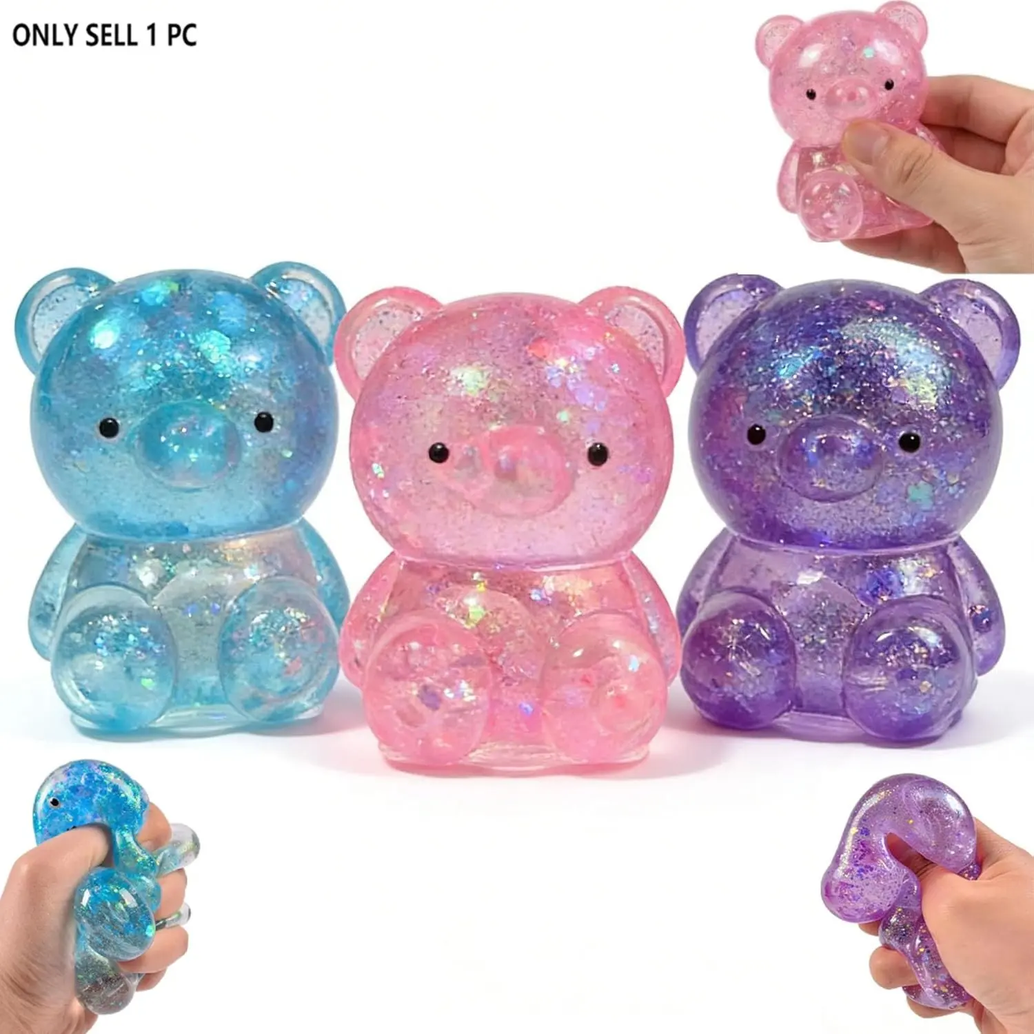 Glitter Bear Stress Ball Squishy, Bear Sensory Stress Balls，Stress Relief Toy for Relaxing，Adorable Squishy Bears Stress Toys for Daily Relaxation, for Squishy Lovers, Glittery Squishies, Squeeze Stress Ball