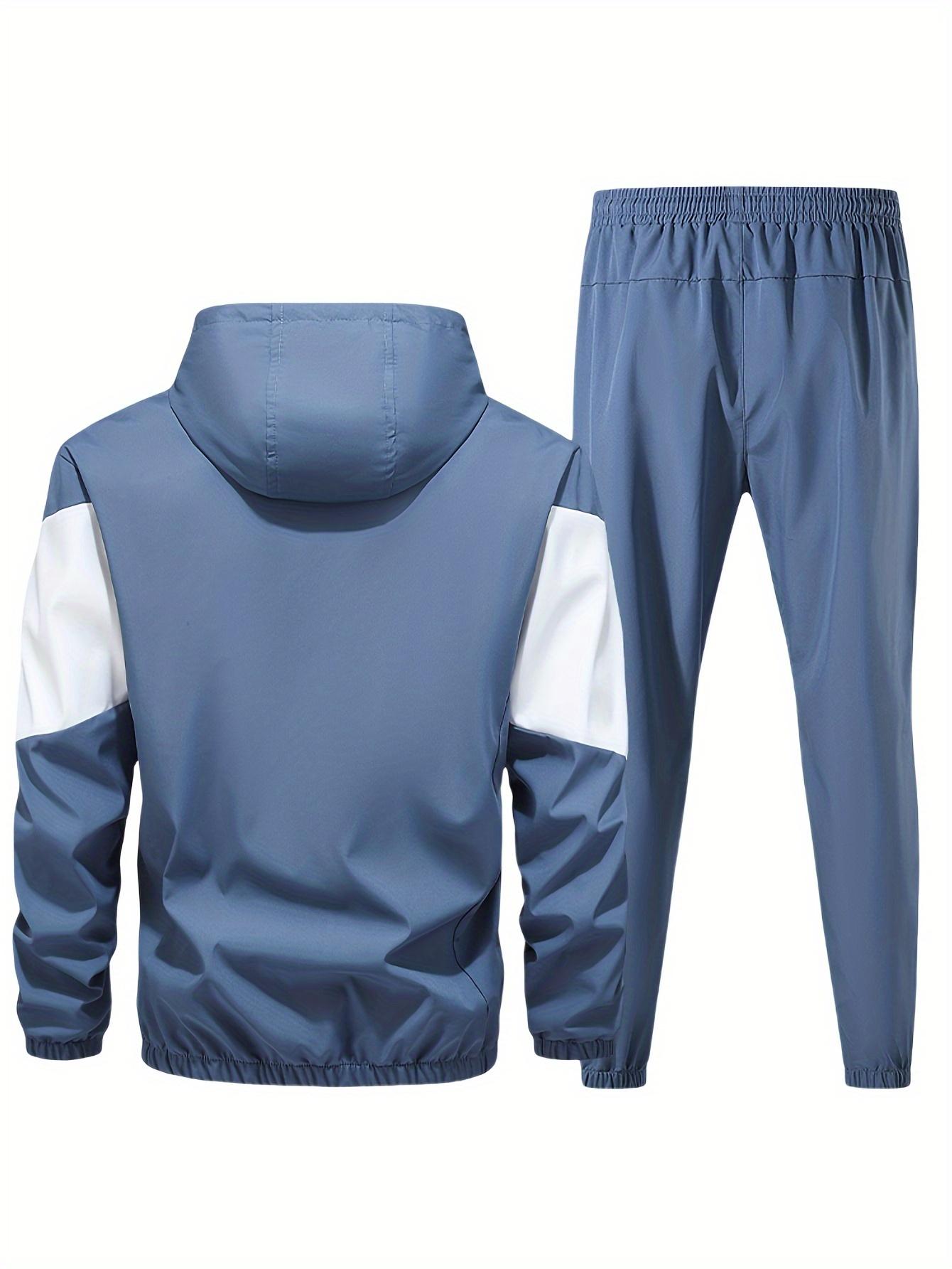 Men's casual two-piece set, stylish contrasting zipper hooded jacket, breathable solid color drawstring pants