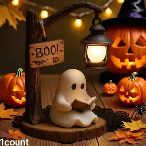 Halloween Figurine Lamps, Cute Ghost Lamp Statue Night Light, Ghost Reading Book Design, Indoor Party Decor, Home Decorations