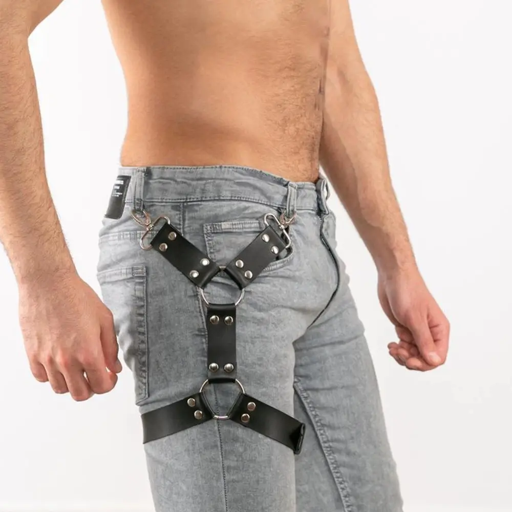 Effortless Black Leather Thigh Leg Harness Strap Double O Ring Metal Rivet Buckle Accessories Vintage Punk Gothic Streetwear Festival Denim Layering Accessories Men Women