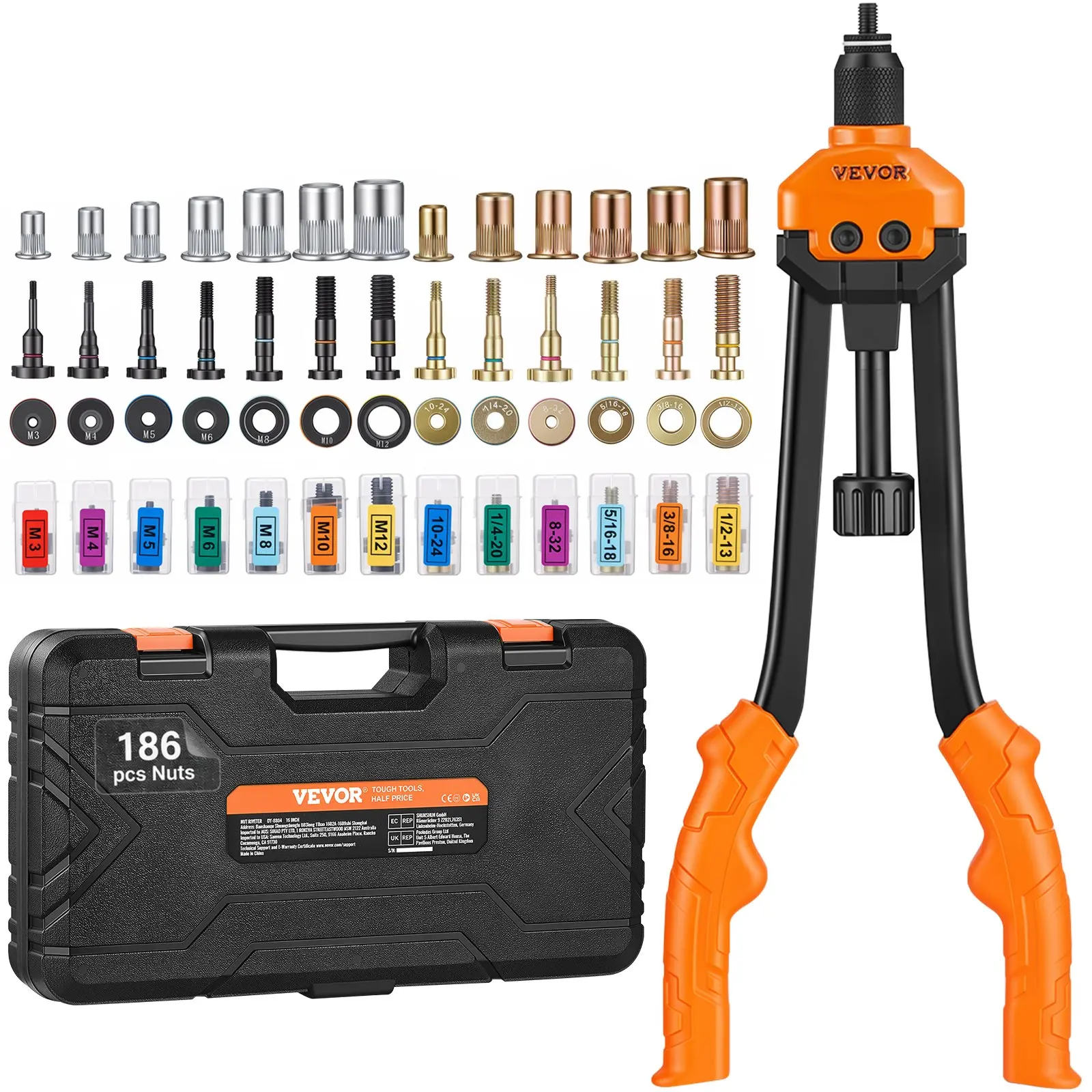 【toolupgrade】VEVOR 16" Rivet Nut Tool, Labor-Saving Rivnut Tool Kit with 13PCS Metric SAE Mandrels, 186PCS Rivet Nuts, M3, M4, M5, M6, M8, M10, M12, 1/4-20, 5/16-18, 3/8-16, 1/2-13, 8-32, 10-24 With Carrying Case