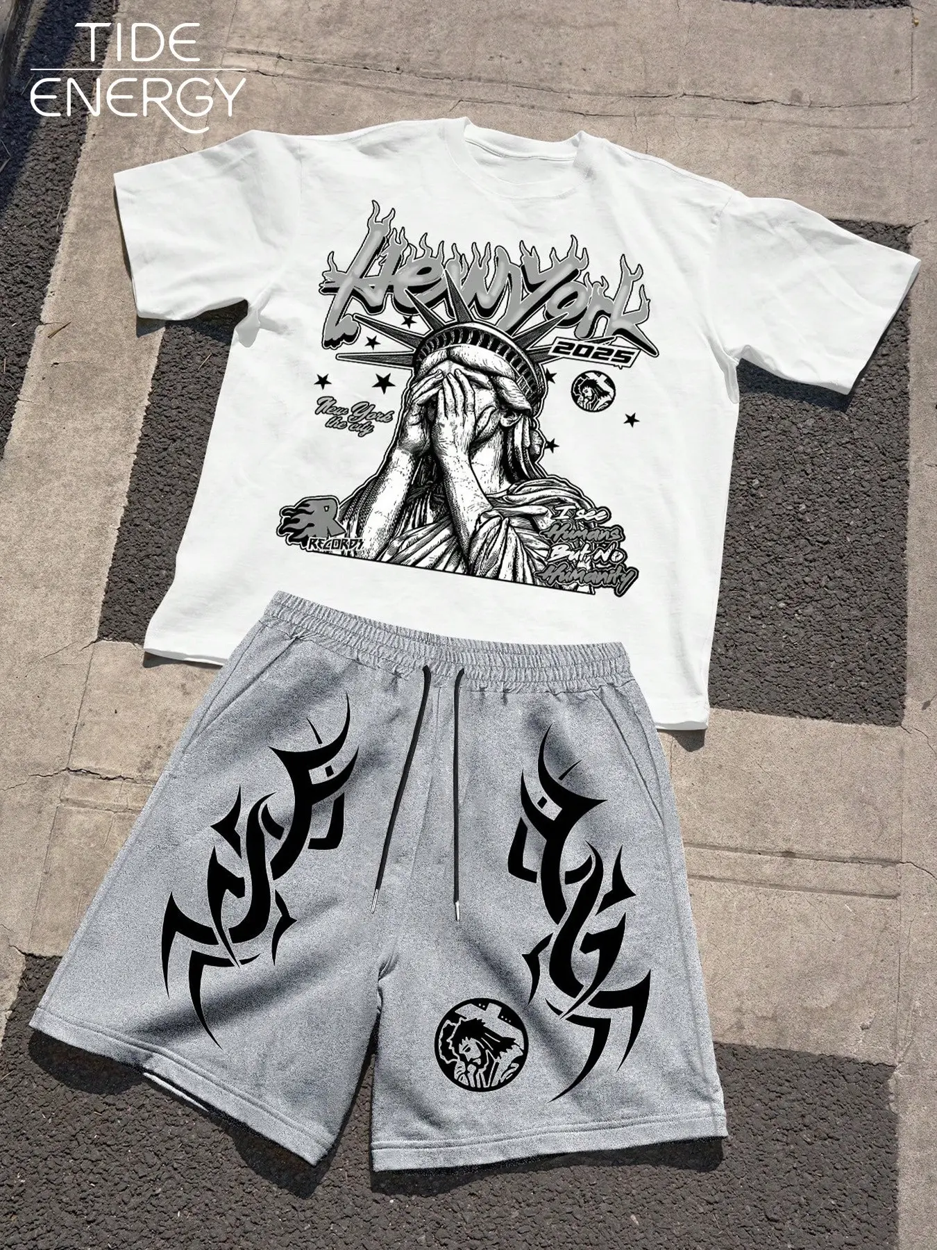 Men’s 2 Piece Outfits NYC Goth Graphic Tee + Tribal Shorts Set, Oversized Streetwear Tracksuit, Breathable Casual Summer Outfit, Multi-Wear Y2K Aesthetic for Hip Hop & Daily Wear