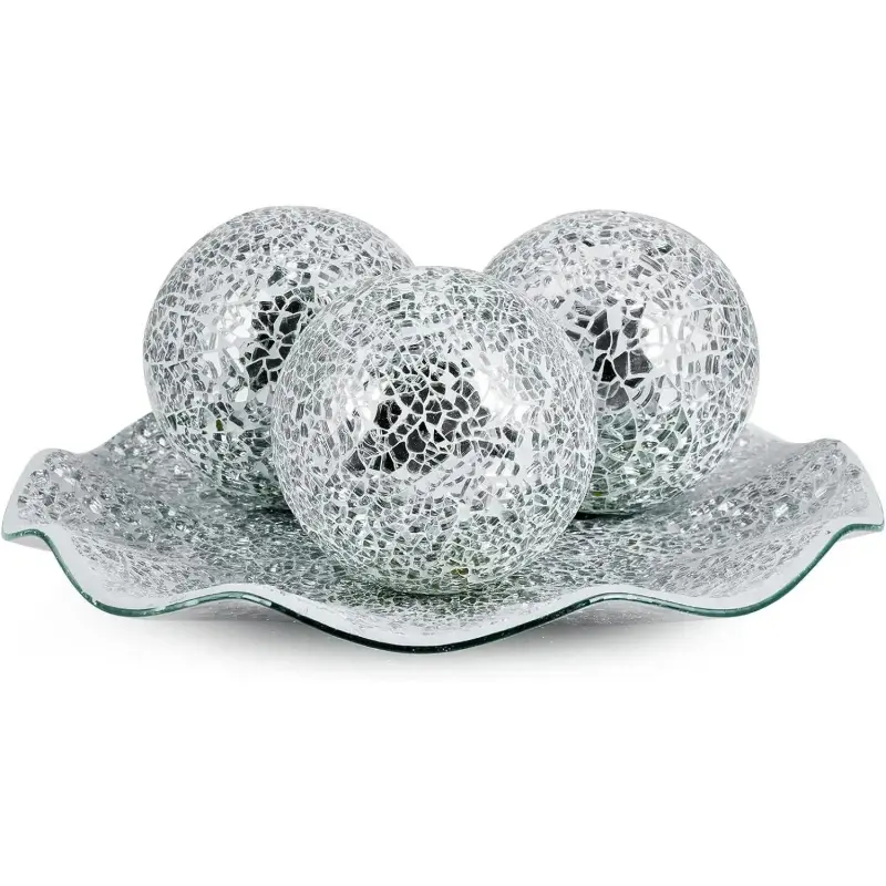 Modern Glass Centerpiece Bowl and Balls Set - Smooth 12" Decorative Mosaic Tray with 3 Spheres, 4" Mosaic Ornaments for Home & Festive Decoration