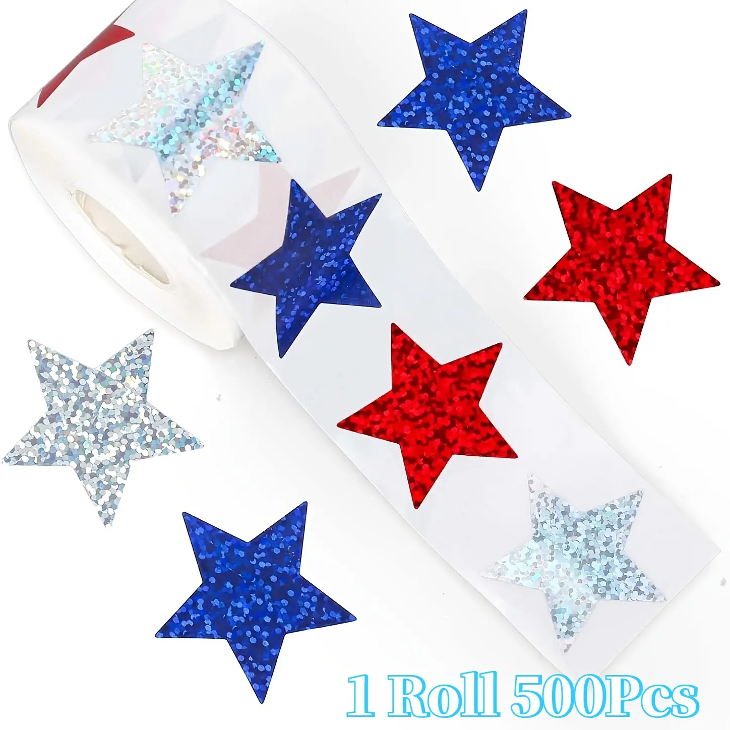 1 Roll 500Pcs Holographic 3 Colors Star Stickers Shiny Rolling Glitter Waterproof Self Adhesive Decals Back To School Campus Stationery For Students DIY Decor Water Bottle Laptop Luggage Envelope Birthday Holiday Craft Supplies