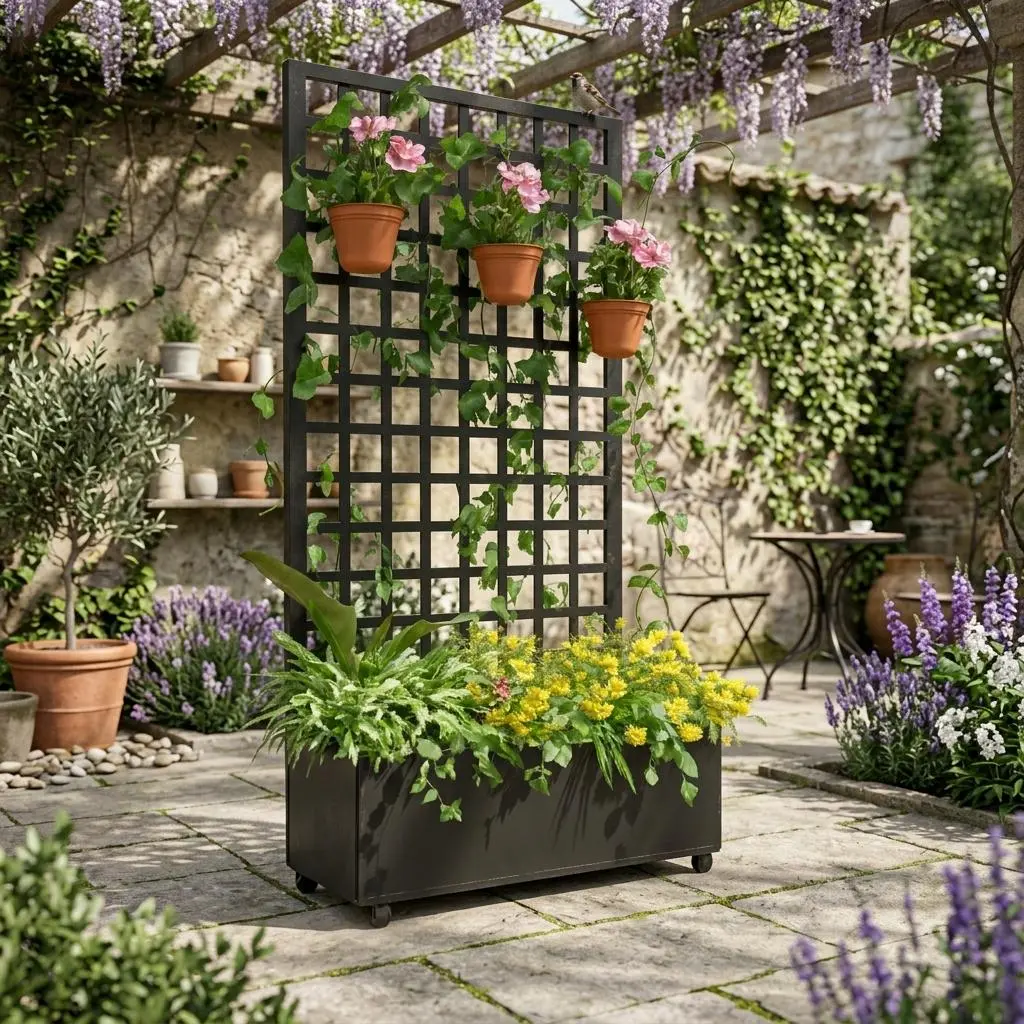 72×47 Inch Black Wheeled Galvanized Raised Garden Bed, Square Lattice Trellis Metal Planter Box for Climbing Plants and Vines