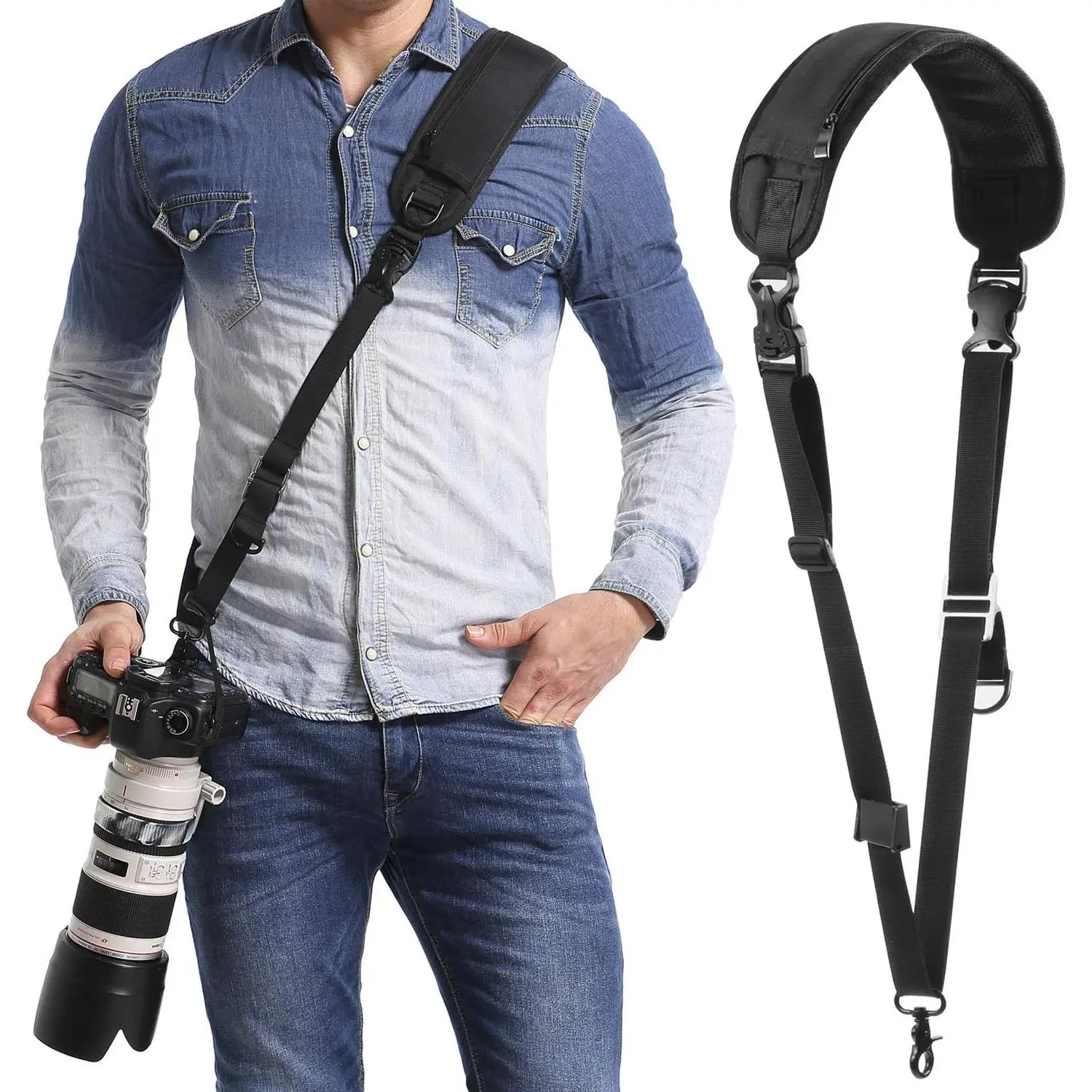 Durable Rapid Padded Camera Sling Strap with Quick-Release Metal Clip, Steel Cord Safety Tether, Adjustable Fit for Olympus DSLR - Black, Pad, Memory, Slider, Rubber Tripod Accessories