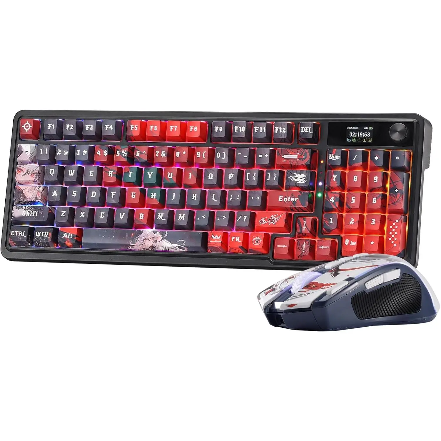 Redragon Anime Keyboard & Mouse Combo, K719 PRO KB + M612AK 8000 DPI Mice | Multi-Function Control Knob, LED Screen & Knob, 0-Delay Tri-Mode, 95 keys Creamy Cushioned Typing, 9 Button Macro Combos