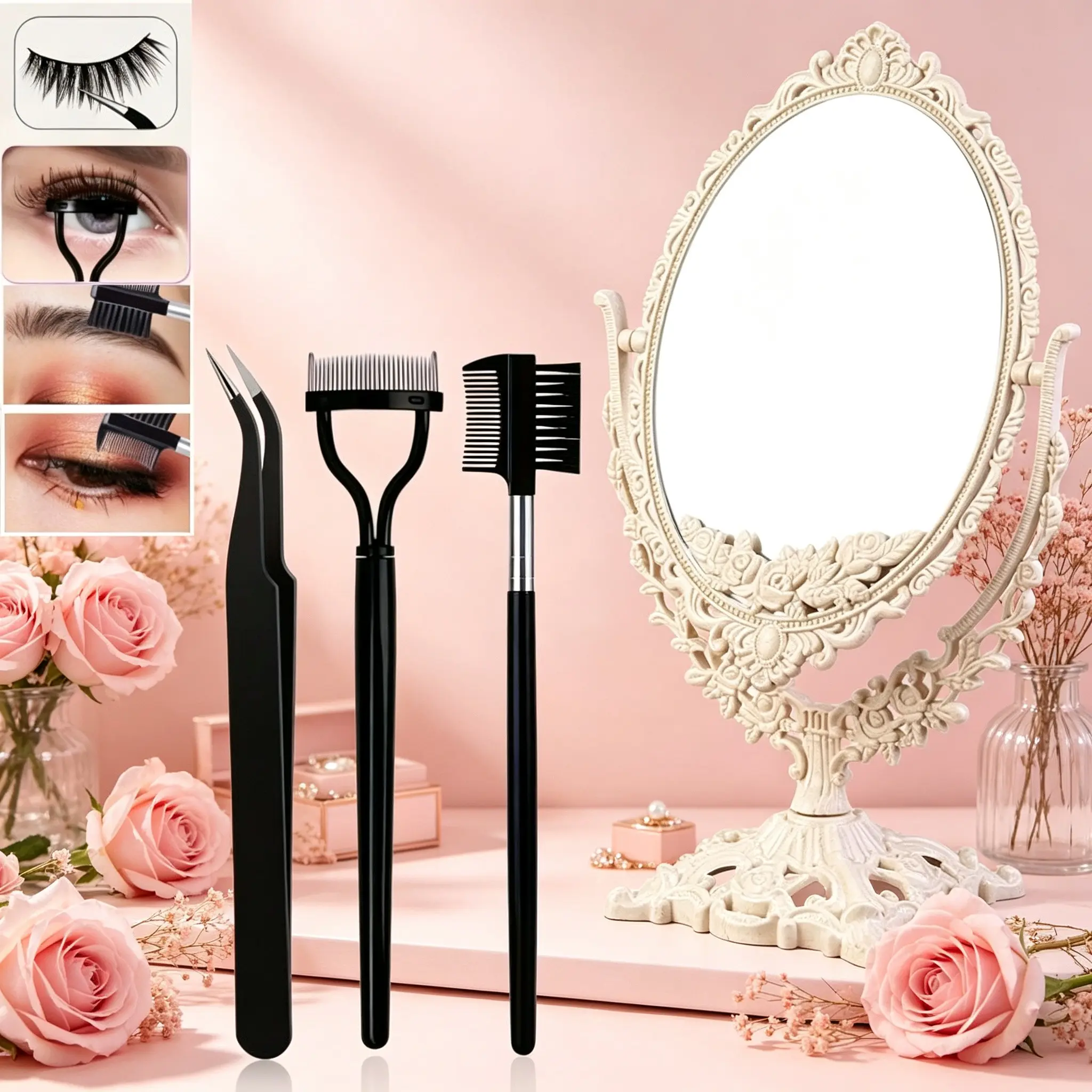 12.58in Vintage European Makeup Mirror Set Tweezers Eyelash Comb Eyebrow Brush, Double Sided Rotatable Vanity Mirror, Retro Ornate Tabletop Cosmetic Mirror for Dressing Table, A perfect everyday makeup tool. Great gifts for the Saint Yan Festival.