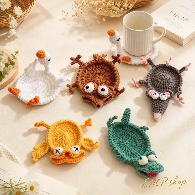 5-Pack Bestselling Handmade Crochet Cartoon Animal Coasters, Creative Stress-Relief Goose Squirrel Shape Funny Coaster Gift Set for Home Decor