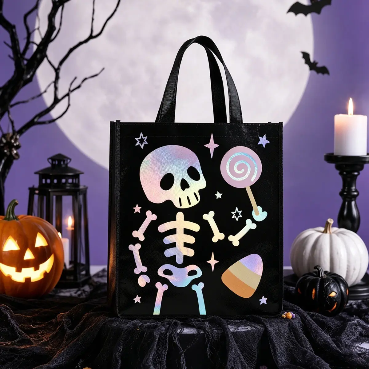 1Pc Black Holographic Spooky Skull Tote Bag Non-Woven Reusable Halloween Candy Pouch for Kids Trick-or-Treat, Party Favors & Gift Shopping