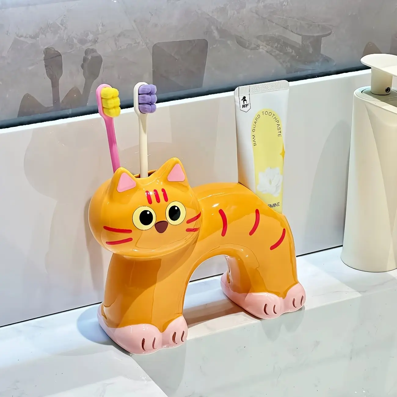 Multi-Use Spot Cat Toothbrush Holder, Ceramic Electric Toothbrush Stand, Makeup Brush and Pen Holder, Cute Desktop Decor