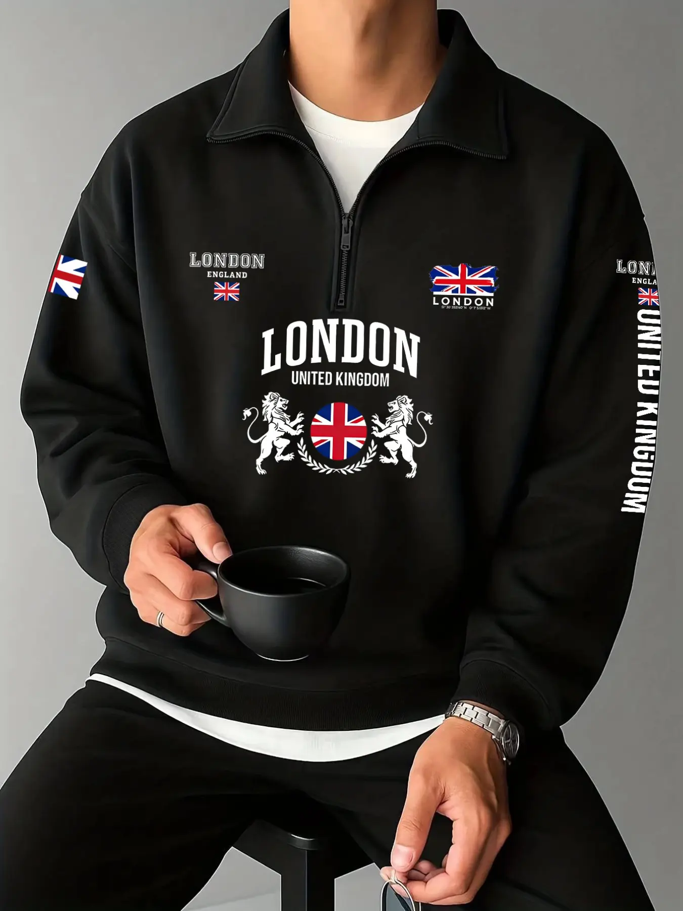 Men's Vintage British London Flag Lion Print Half-Zip Stand Collar Sweatshirt, Fall Winter Casual College Style Top, Comfortable and Stylish
