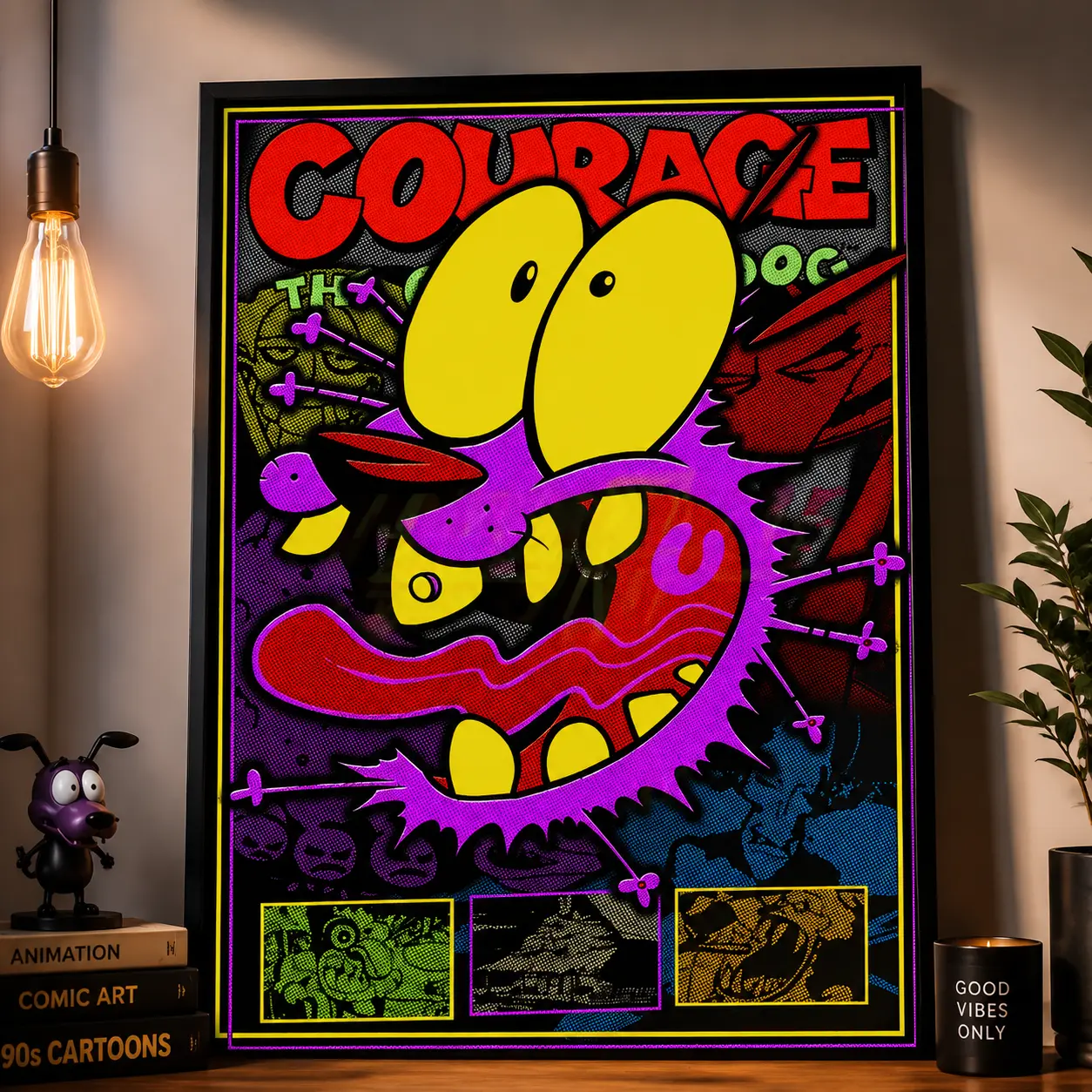 Courage The Cowardly Dog Poster Print - Cartoon Network Artistic Wall Art, Green Minimalist Horror Decor Frame Set for Room, Home Decor Gift