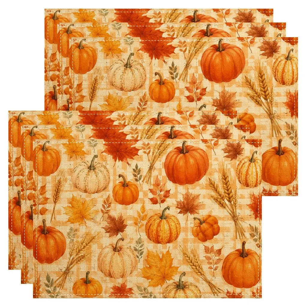 4/6pcs Pumpkin Wheat Placemats, Rustic Watercolor Autumn Style, Repeating Orange and White Pumpkins Maple Leaves Wheat Stalks and Painterly Textures, for Dining Table Kitchen Thanksgiving Dinner and Fall Home Decor