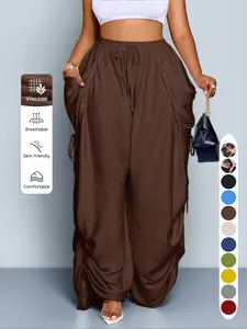 Women's Casual Loose-Fit Wide Leg Pants, All-Season Woven Fabric, Long Plain Design, Daily Commute & Vacation Wear