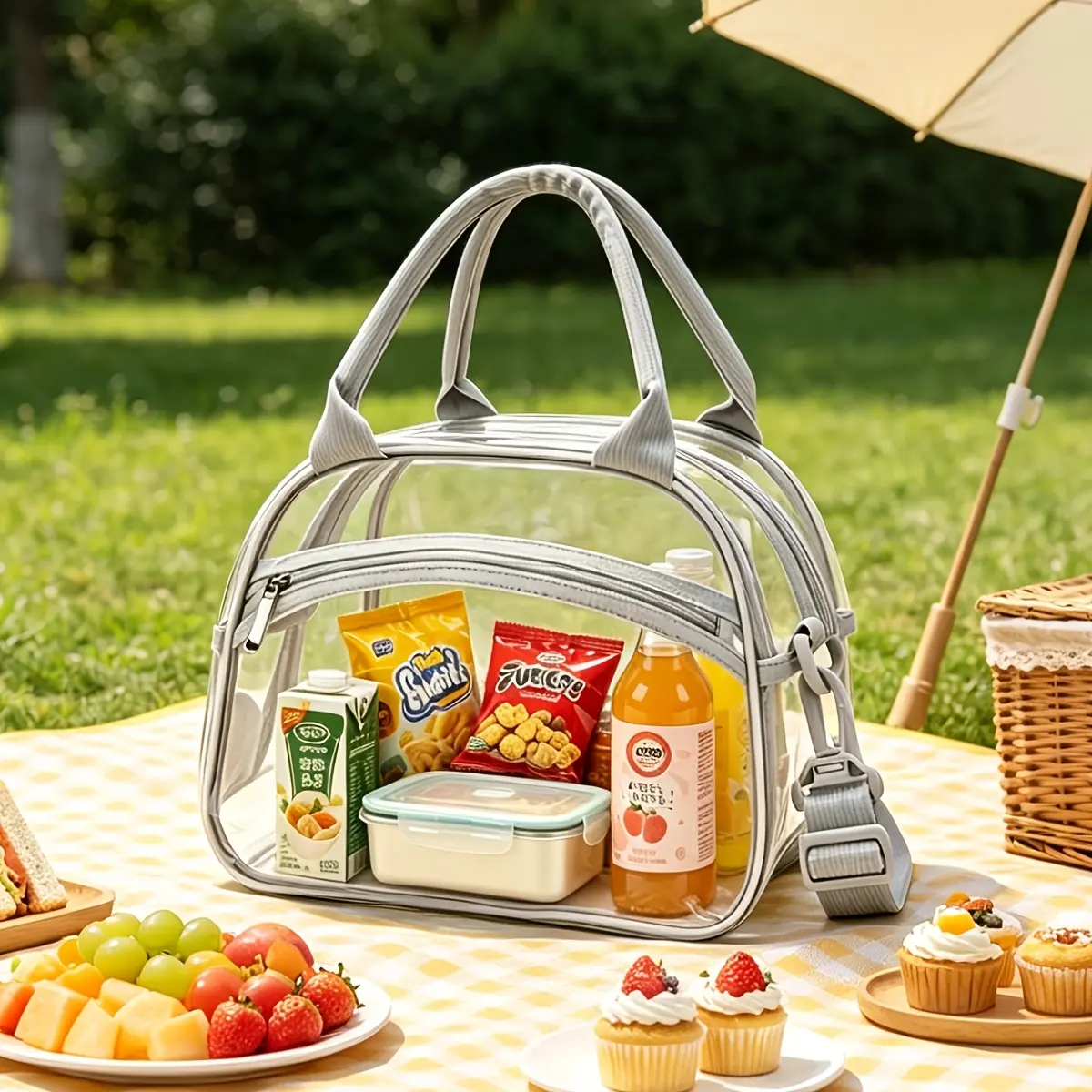 1pc, Transparent Cross-body Lunch Bag, PVC Material, Strong and Wear-resistant, Fashionable Portable Lunch Box Bag, Large-capacity Lunch Bag, Lunch Bag for Office Workers and Students, Multi-functional Travel Storage Bag, Usable in All Seasons
