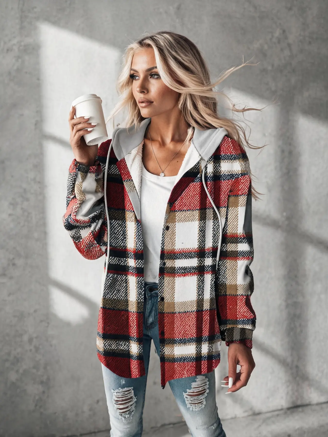 American Vintage Plaid Coat, Hooded Thick Warm Loose Fit Slimming Lazy Cardigan Top, Stylish Outerwear for Fall & Winter