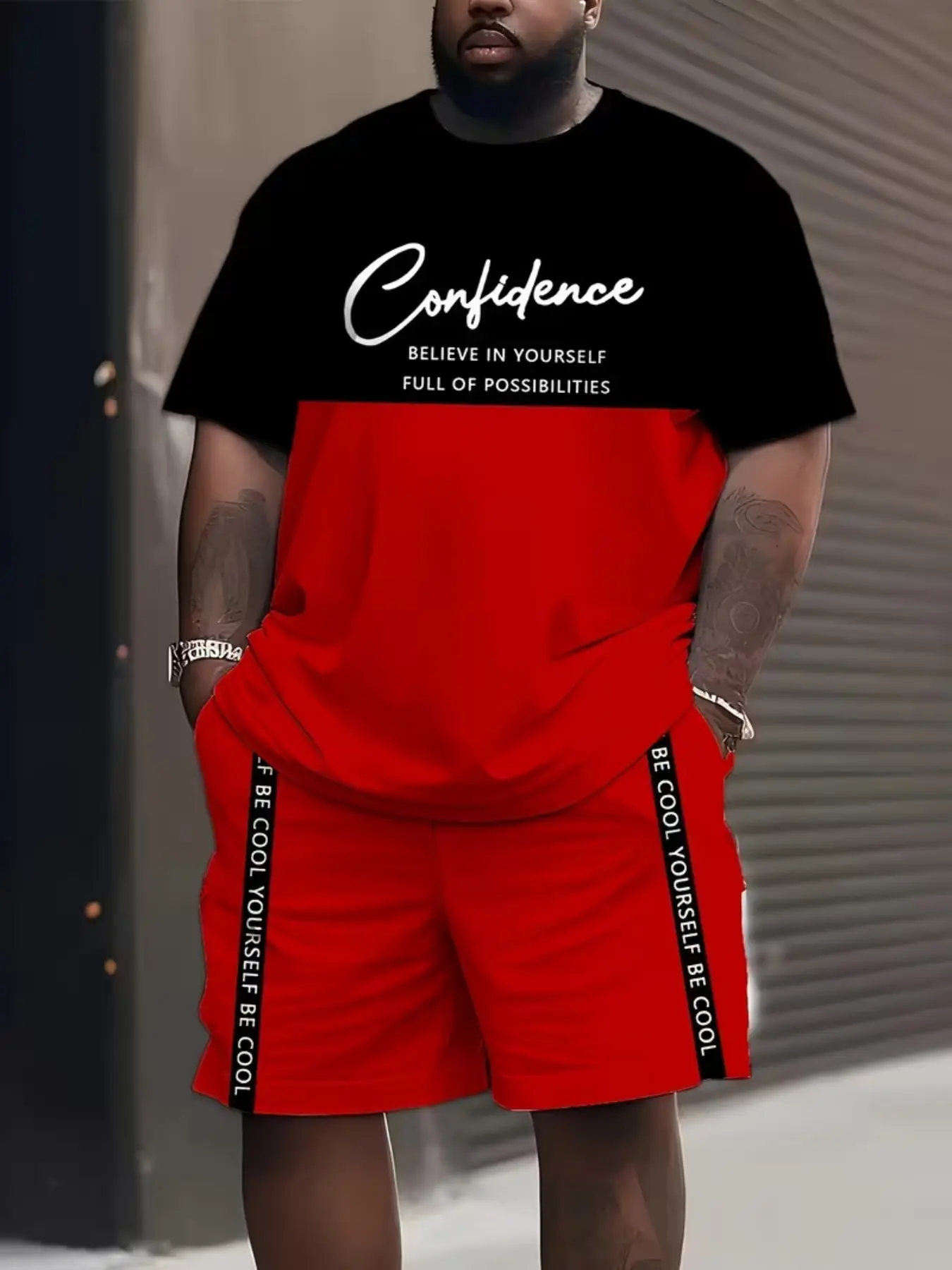 Men's Plus Size Sportswear Set, Colorblock Print Short Sleeve T-Shirt and Drawstring Shorts, Summer Two-Piece, Casual Loose Fit