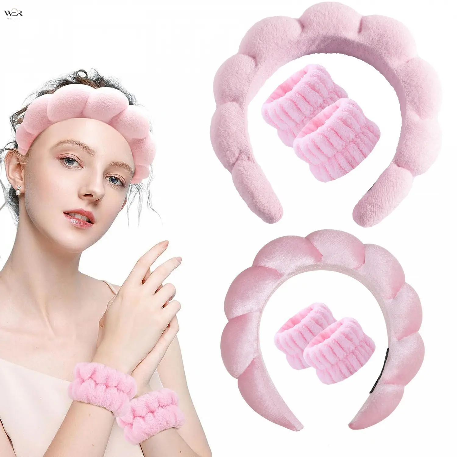 Set Fluffy Cloud Spa Headband Wrist Wash Face Set 8 Colors Plush Bubble Puff Skincare Hair Band Terry Cloth Wristband Makeup Shower Hair Accessory Gift for Girls Women