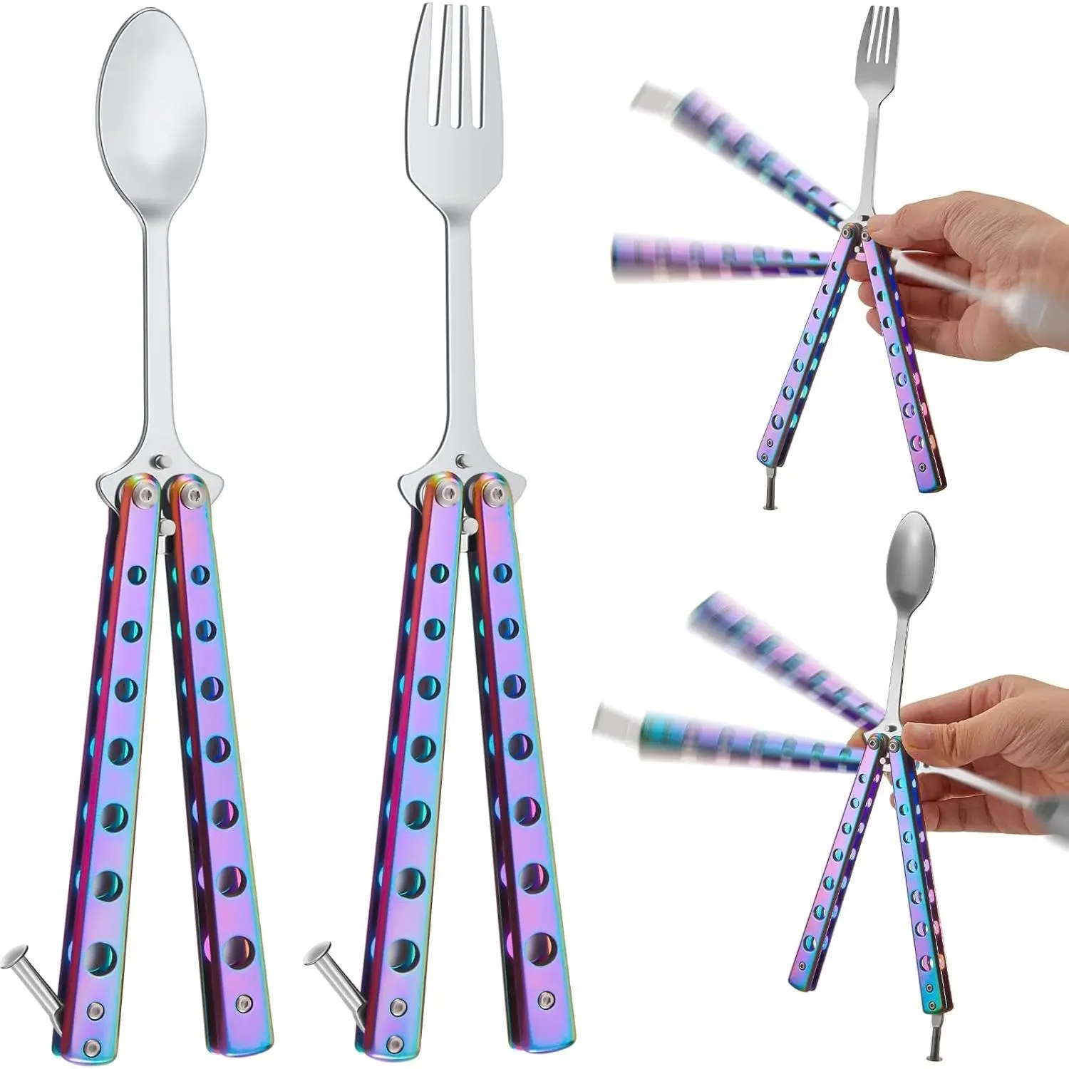 2 Pcs Butterfly Fork and Spoon Set, Butterfly Spoon Folding Stainless Spork Utensil Set Balisong Trainer for Travel Camping Hunting BBQ(Colorful)