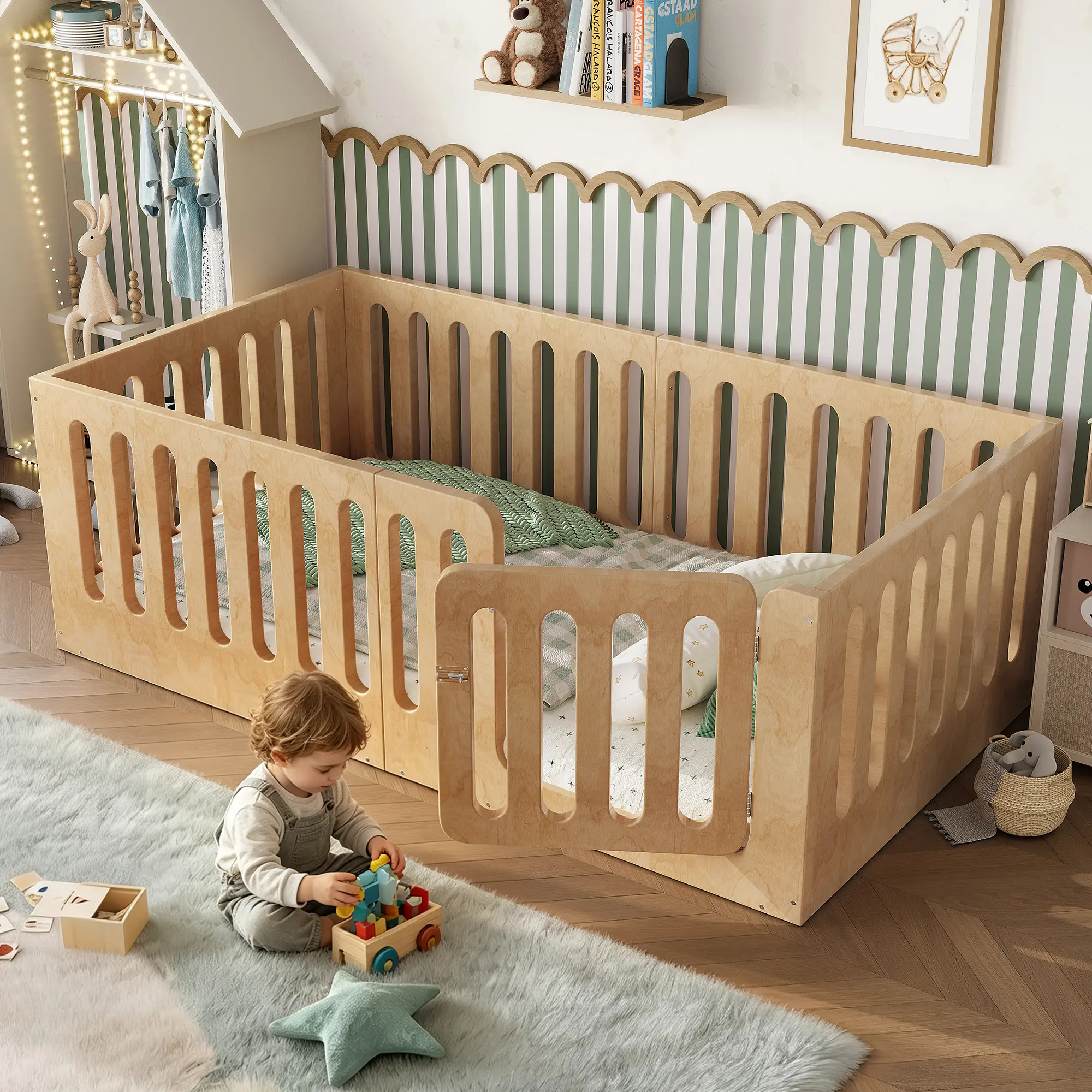 ARCH Twin Size Montessori Solid Wood Floor Toddler Bed Frame, Low-Profile with High Fence & Door, No Box Spring Needed, Natural Look Plywood Finish, Safe Floor-Level Design for Bedroom/Playroom, Easy Assembly