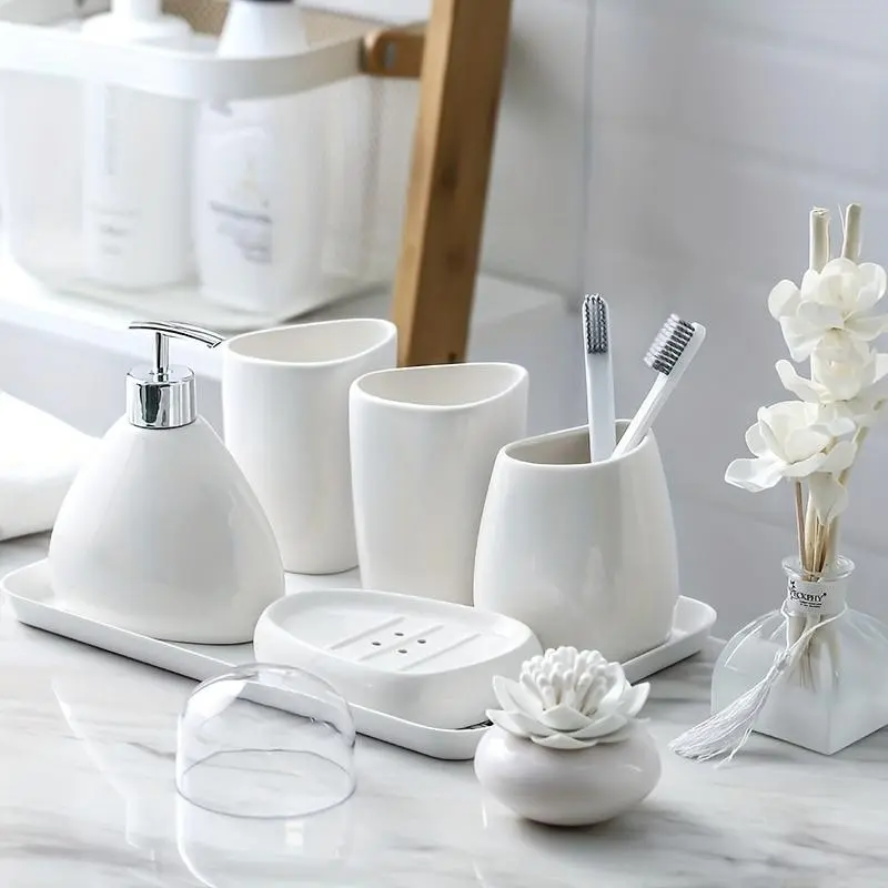 Luxury Bathroom Accessory Sets, 4/5 Counts Including Toothbrush Holder, Soap Dispenser, Toothbrush Cup, Soap Dish, Bathroom Accessories, Bathroom Gadgets