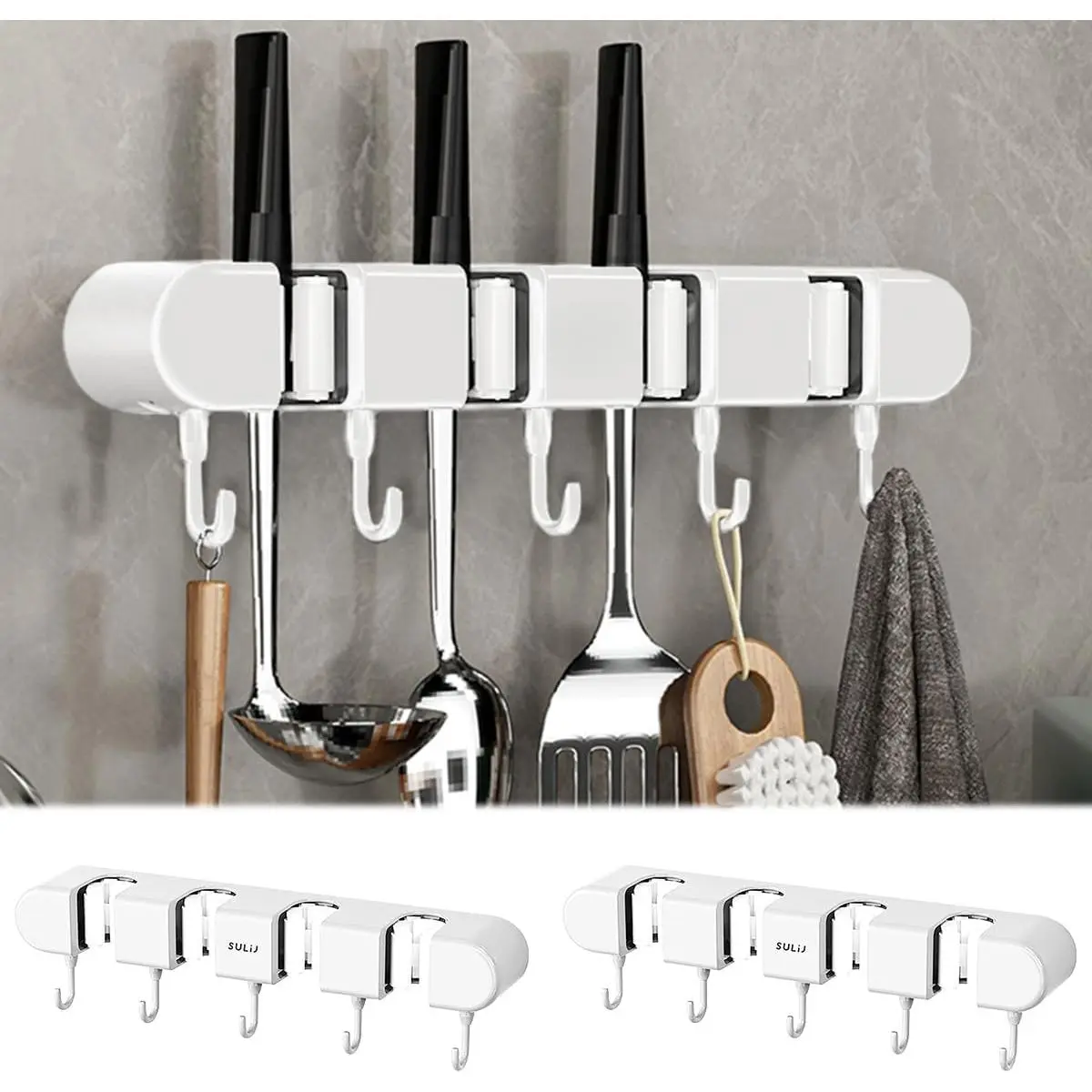 2Pcs Broom Holder Wall Mount, No-Drilling Self-Adhesive Mop and Broom Storage Rack with Hooks (4 Racks with 5 Hooks), Wall-Mounted Broom Hanger  Bathroom, Kitchen, Closet, Garage (White ﻿ )