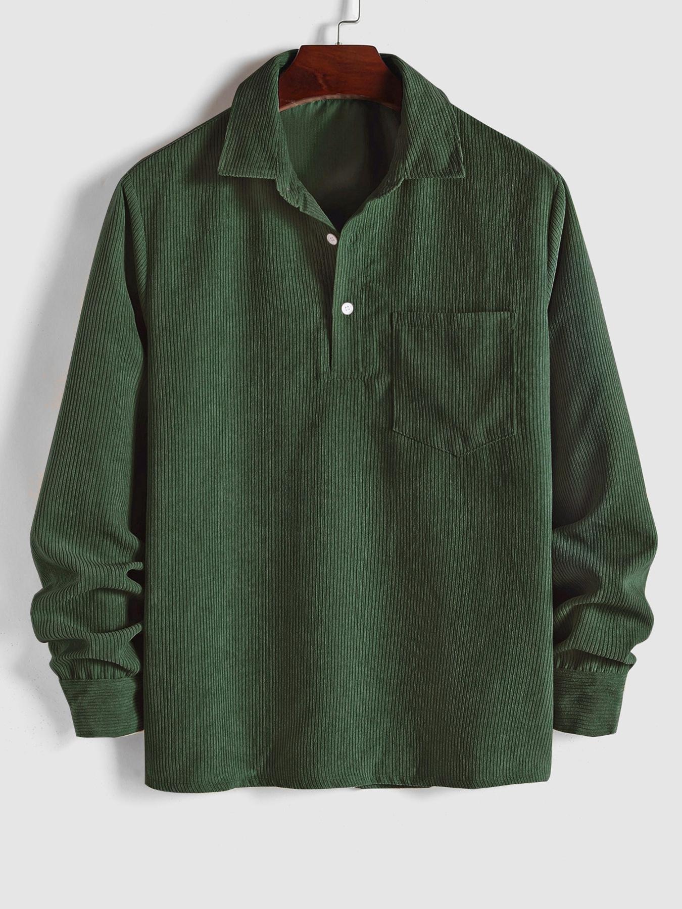 Men's Plain Pocket Half Button Corduroy Shirt, Casual Comfy Regular Fit Long Sleeve Collared Top For Fall & Winter, Men's Clothes For Daily Wear