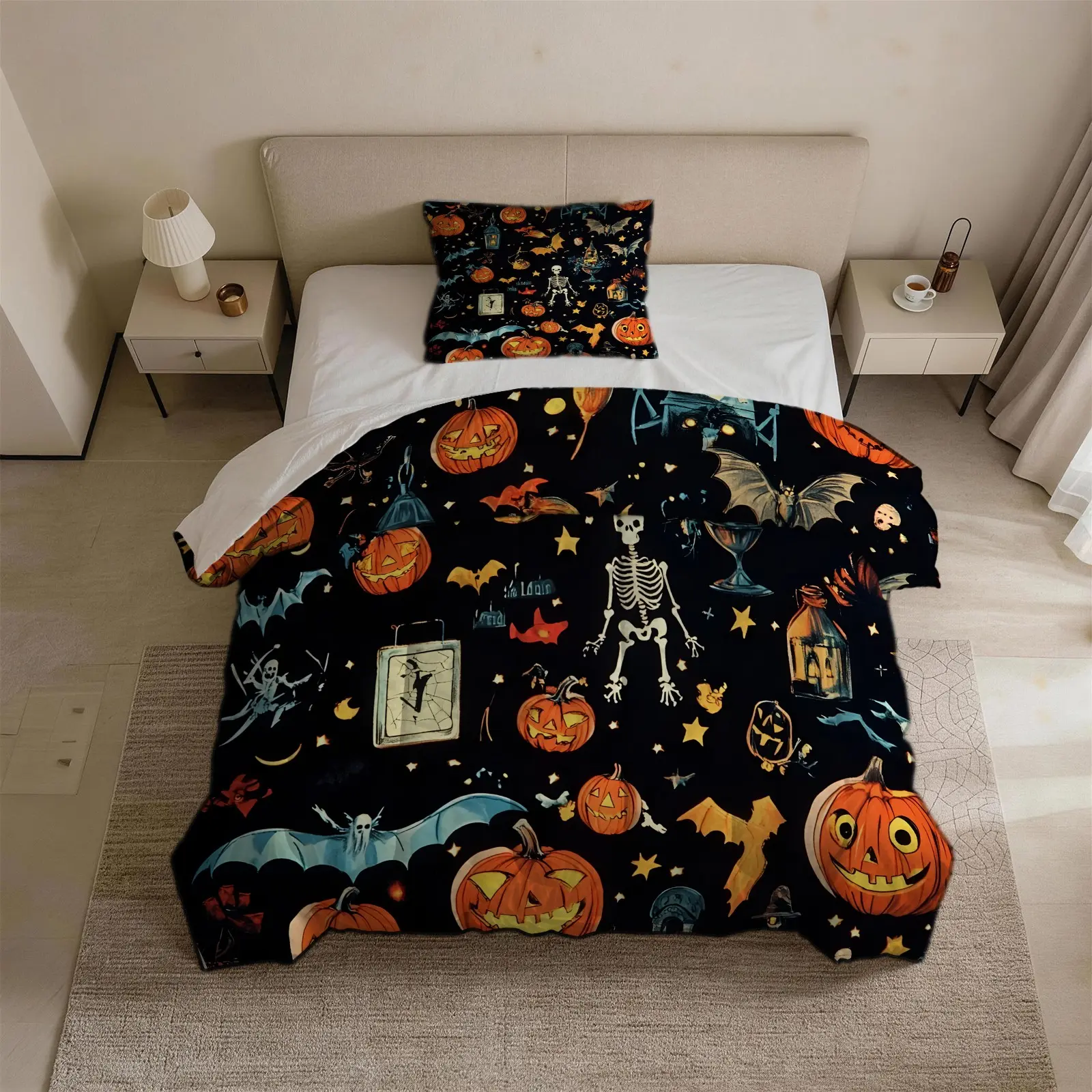 2/3pcs Vintage Halloween Pumpkin Skeleton Ghost Print Comforter Set, Duvet Set, Complete Bedding Set With Matching Pillowcase, Soft All-Season Quilt With Spooky Bat Graphics, Cozy Fabric For Bedroom, Trendy Fall Decor For Halloween Lovers