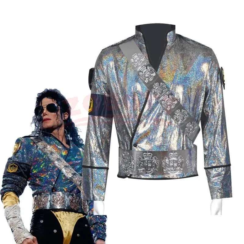 Dance King Michael Jackson Jam Costumes BAD Laser Spandex Jacket with Golden Metal Belt