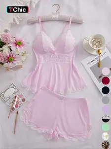 Women's Halloween Lace-Trim Spaghetti Strap Sleepwear Set, Soft and Comfortable Fitted Design, Casual All-Season Home Wear, 2-Piece Shorts Set Lingerie Top Underwear Elegance