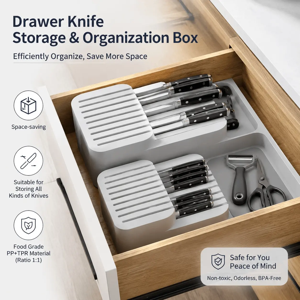 Versatile In-Drawer Knife Organizer with Blade Guard, Dishwasher-Safe, Moisture-Proof & Non-Slip Durable Tray