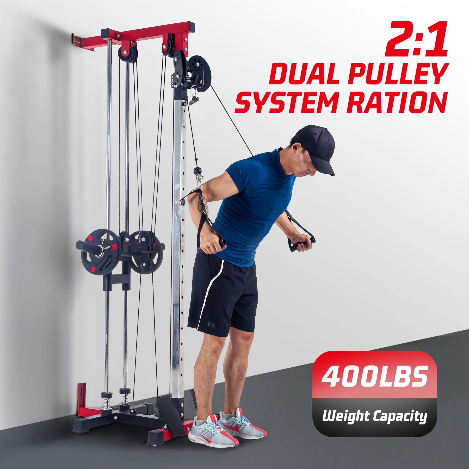 Carbon Steel Frame Compact Wall Mount Pull Up Station, Wall-Mounted Dual Pulley Functional Trainer Cable Machine for Strength Training, 20 Adjustable Heights, 400 lbs Cap., High-Low Pulleys, Adjustable Seat, Knee Support, Triceps Rope