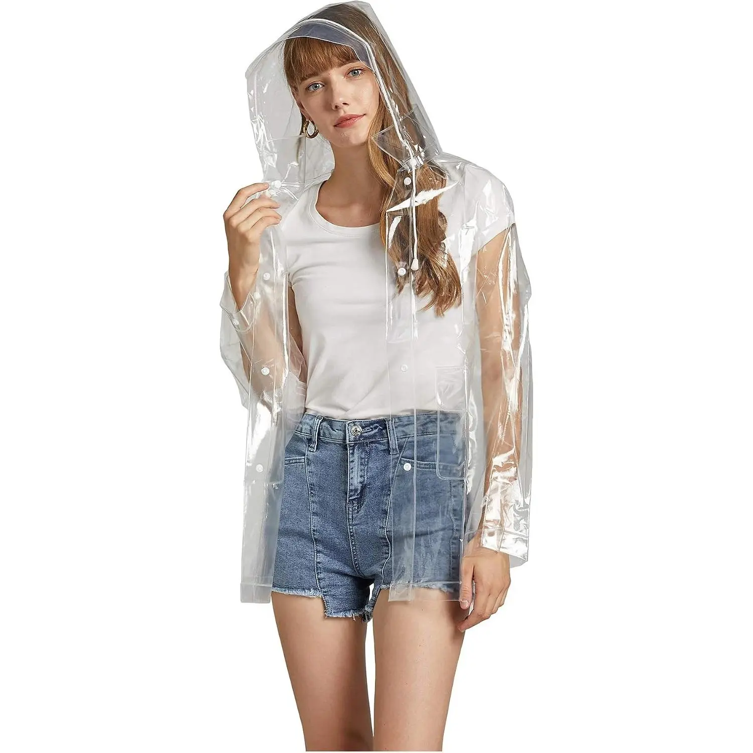 Women Clear Raincoat EVA Waterproof Rain Jacket Coat with Detachable Hood