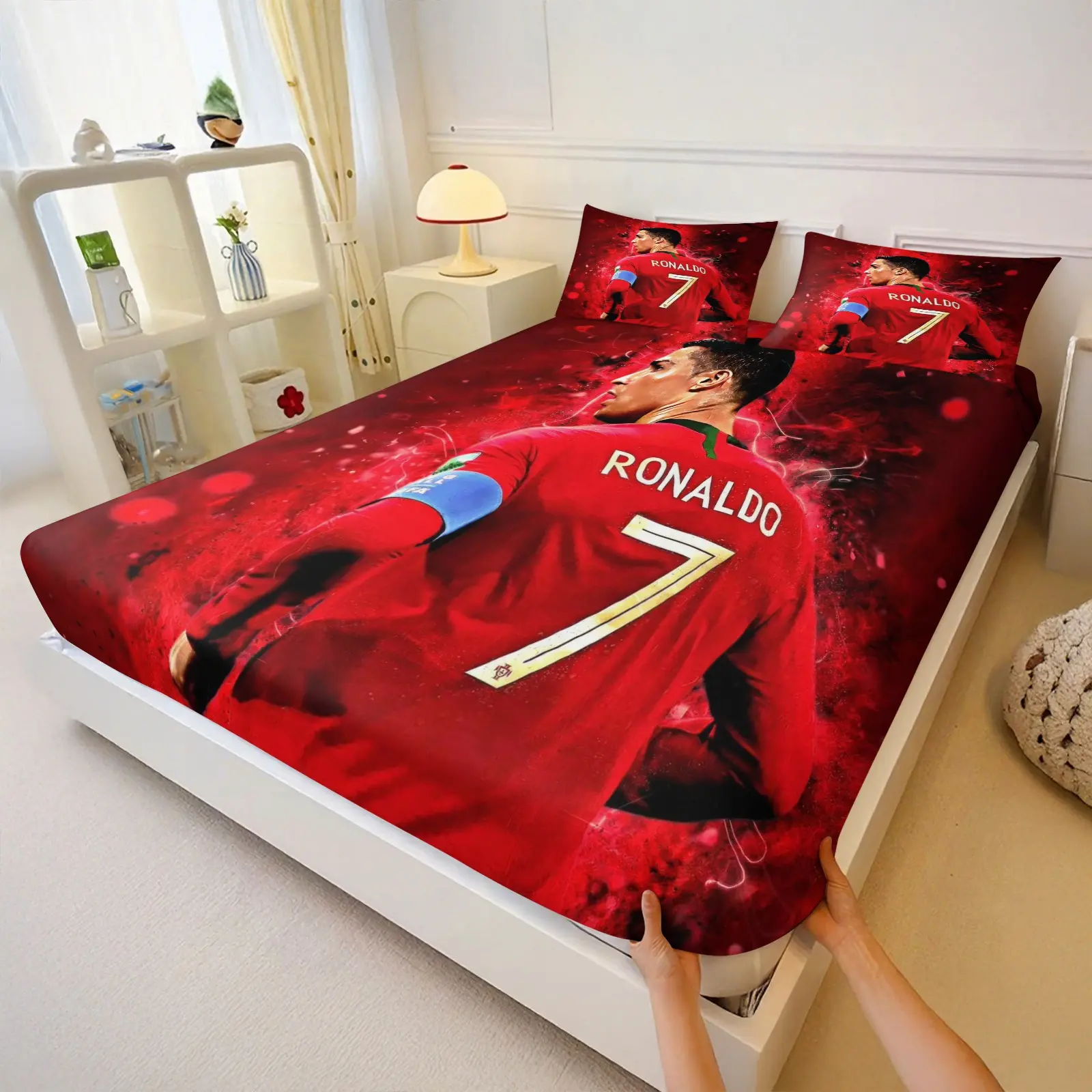 Cr7 Ronaldo National Team Number 7 Fitted Sheet Set, Soccer Star Splash Print, Soft Microfiber Bed Linen, Teen Boys Football Fan Gift