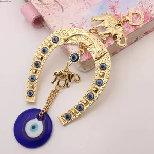 Gold Horseshoe Turkish Blue Nazar Evil Eye Wall Hanging Ornament, Alloy Pendant with Double Elephant Charms, Lucky Protection Amulet, Bohemian Home Wall Decor & Meaningful Gift