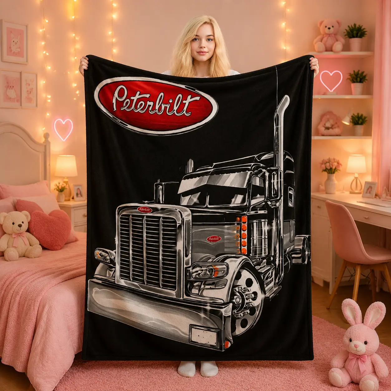 Peterbilt Classic Chrome Semi Truck Silky Soft Flannel Throw Blanket - Red Logo, Black Background, Silver, Wrinkle Resistant, Ultra Warm All-Season Blanket for Vehicles, Home Office Cab - Ideal Gift for Truck Drivers, Silky Soft Blankets, Indoor/Outdoor