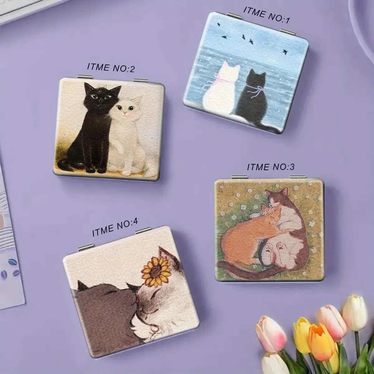 Vintage Watercolor Cat Print Compact Mirror, Double Sided Foldable Pocket Makeup Mirror, Cute Kitten Pattern Portable Travel Cosmetic Mirror, Portable Vanity Mirror, Gift for Cat Lovers Women Girls