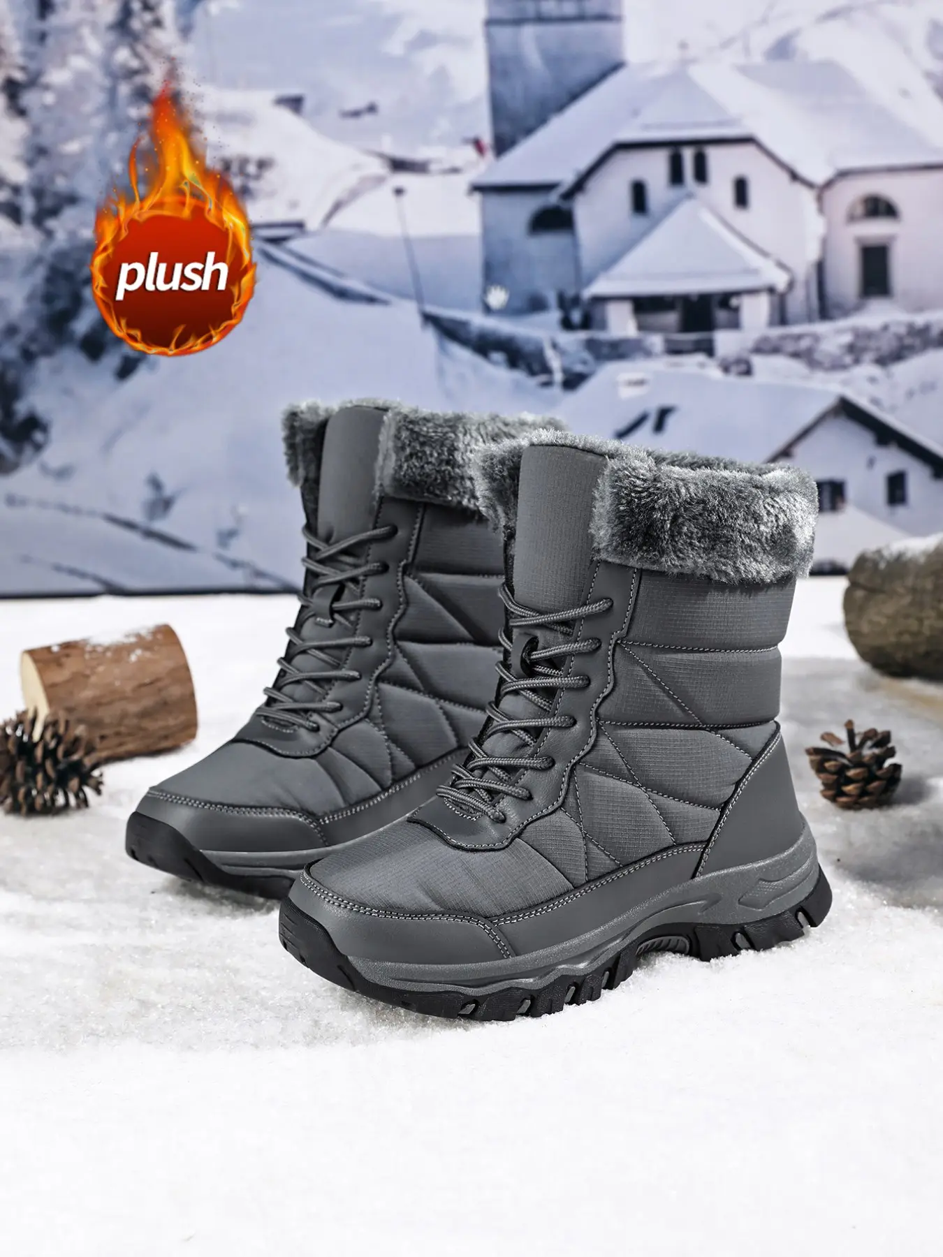 Women's Thickened Fuzzy High Top Snow Boots, Waterproof Laces, Anti-Slip, Warm, Durable, Easy Care, All Seasons, Wide Fit