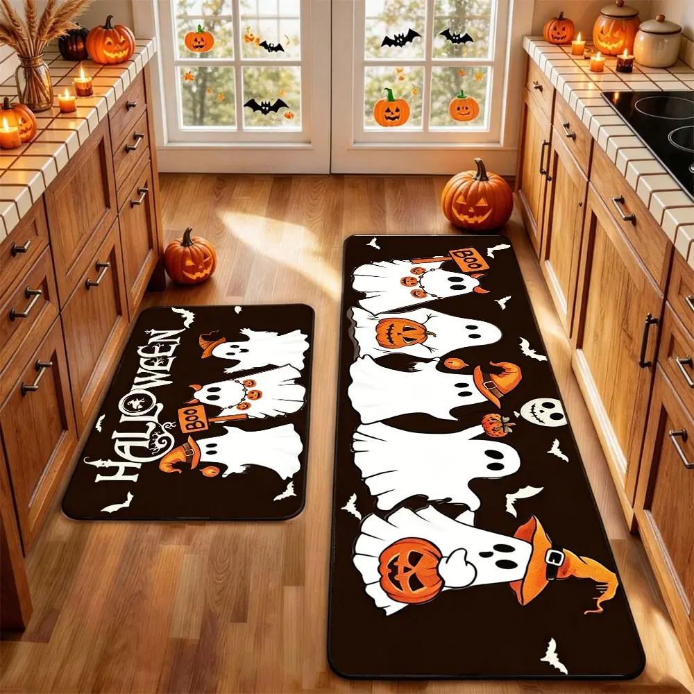 2Pcs Holloween Kitchen Bathroom Rug Mat BOO! Skeleton Horror Pumpkin Bat Spider Web Wizard Floor Mat Set Farmhouse Kitchen Bathroom Rug Non Slip, Home Supplies Rug, Fall Decor Home Decor Rug, Non Slip Rugs, Home Decorative Rug