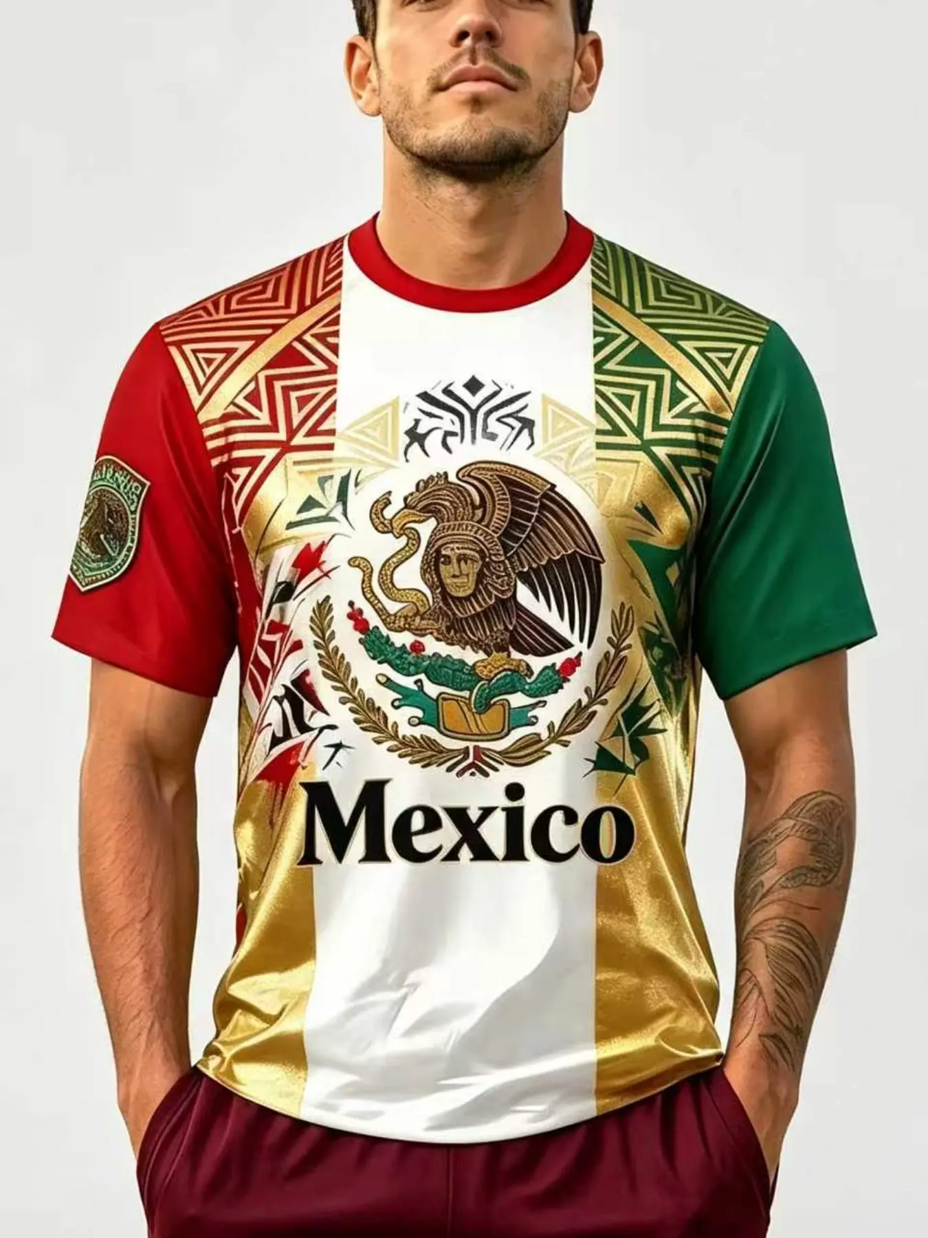 Mexican-style men's comfortable sports T-shirt, Athletic Tee, outdoor training and casual full-patterned top, fitted short-sleeved for daily wear