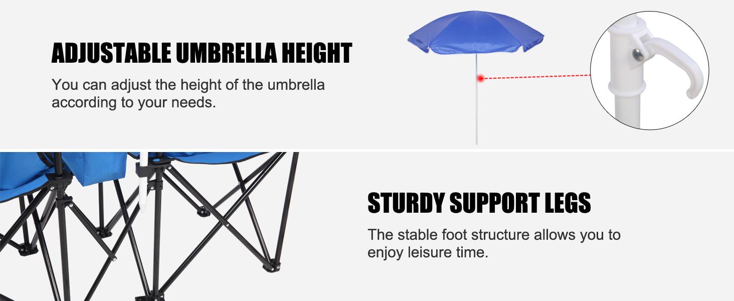 Outvita Folding Double Camping Chair w/Umbrella Beverage Holder Carrying Bag Cooler Fold Up Table, Large Bearing Capacity for Beach Patio Pool Park Outdoor Blue