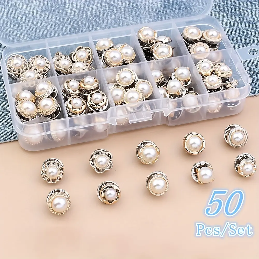 50pcs/Box Resin Pearl Assortment - Adjustable No-Sew Detachable Craft Buttons with Pins, Easy-to-Use for Clothing Fashion Accents, DIY Crafts, Accidental Exposure Prevention